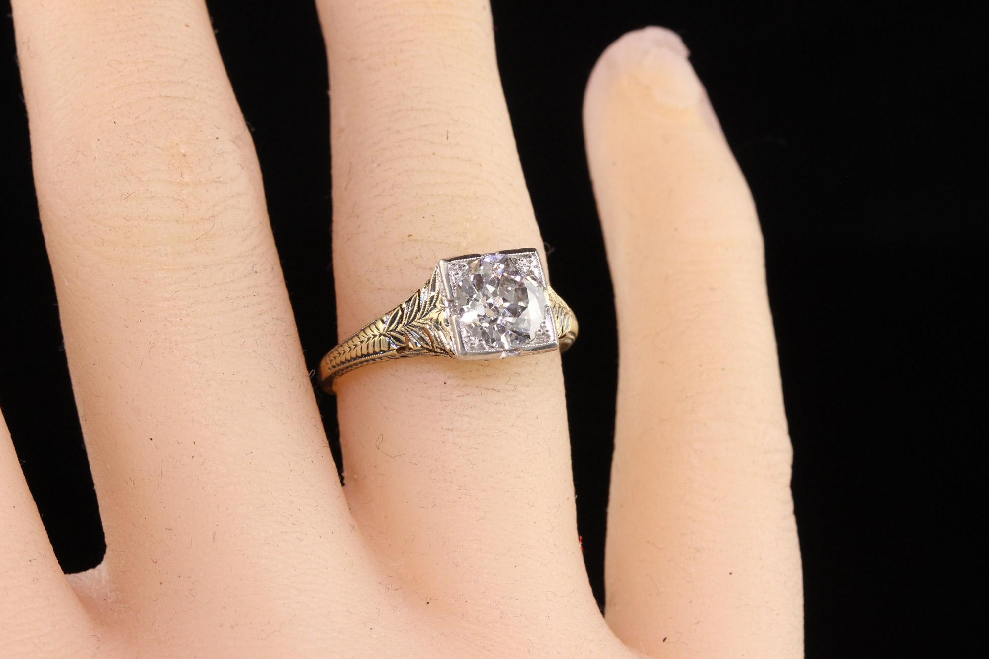 Antique Art Deco 14k Yellow Gold Filigree Old Euro Diamond Engagement Ring, GIA For Sale 3