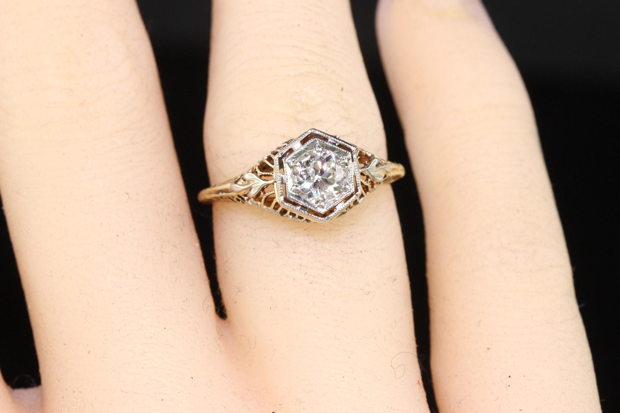 Antiker antiker Art-Déco-Verlobungsring aus 14 Karat Gelbgold mit filigranem altem Eurodiamant - GIA 2