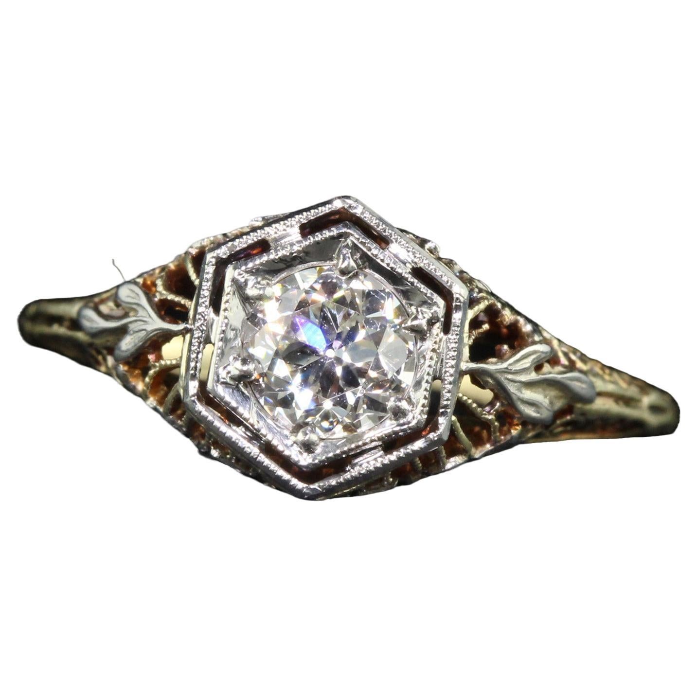 Antiker antiker Art-Déco-Verlobungsring aus 14 Karat Gelbgold mit filigranem altem Eurodiamant - GIA