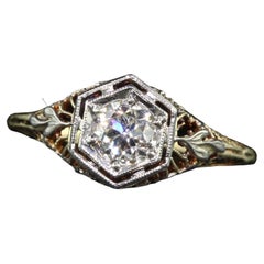Antiker antiker Art-Déco-Verlobungsring aus 14 Karat Gelbgold mit filigranem altem Eurodiamant - GIA