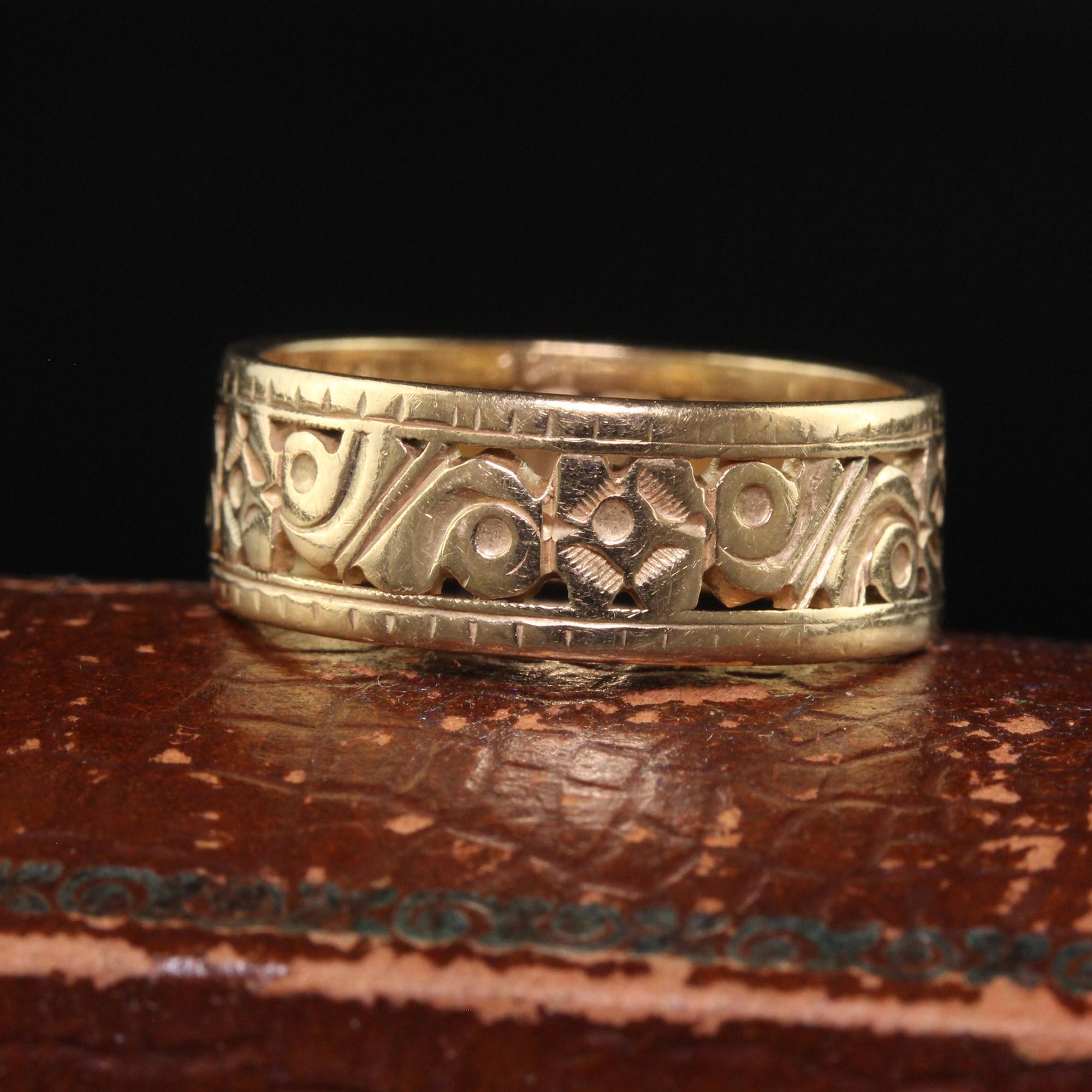 Antique Art Deco 14K Yellow Gold Floral Engraved Wide Wedding Band - Size 6 1