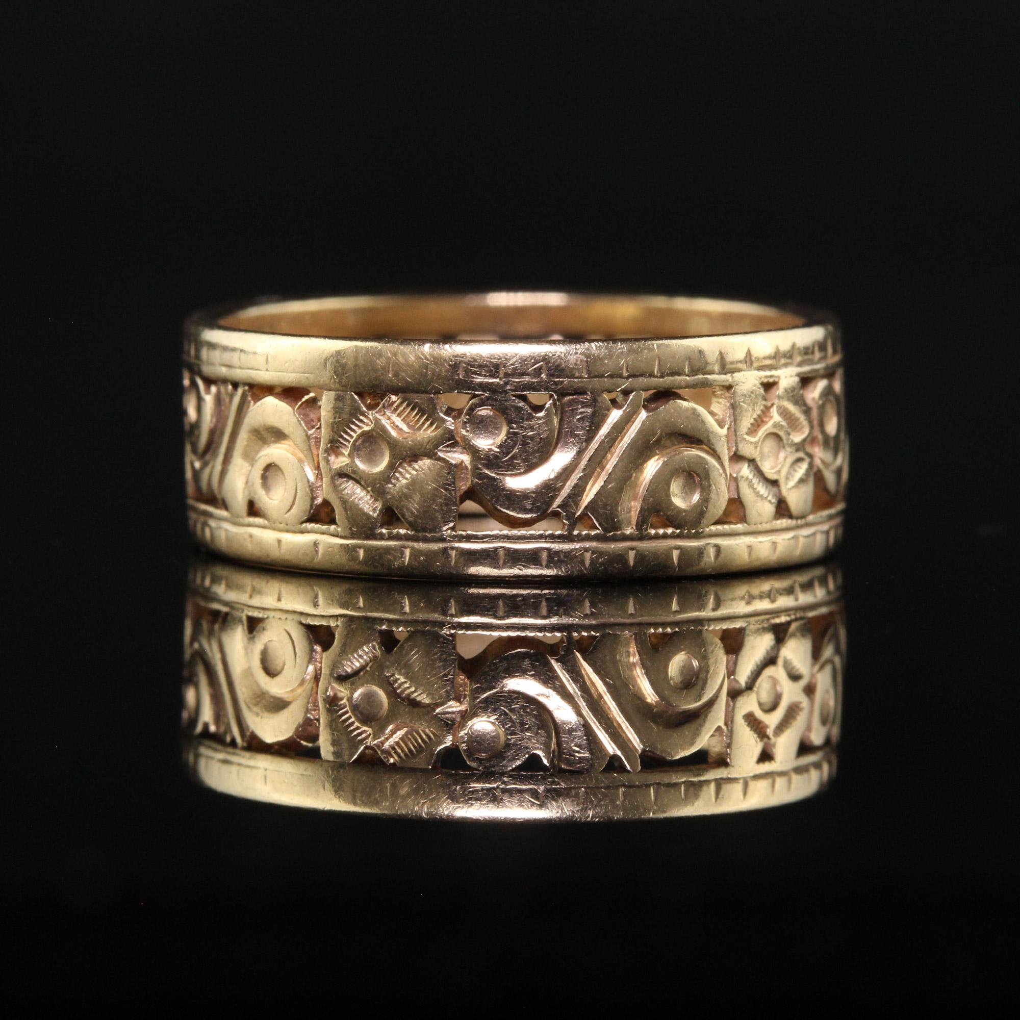 Antique Art Deco 14K Yellow Gold Floral Engraved Wide Wedding Band - Size 6 2