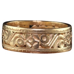 Antique Art Deco 14K Yellow Gold Floral Engraved Wide Wedding Band - Size 6