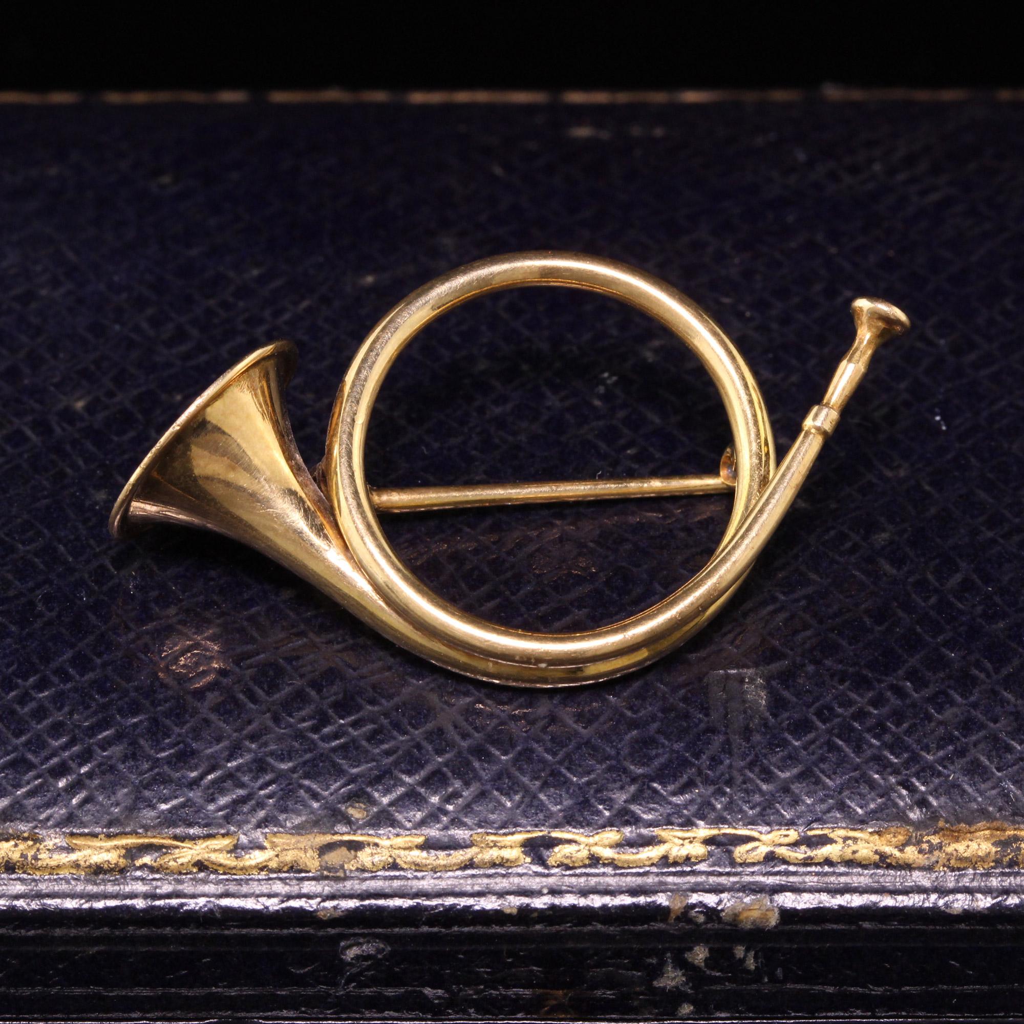 A stunning Antique Art Deco 14K Yellow Gold Fox Hunt Horn Pin. It is in incredible condition and beautifully crafted!

Item #P0099

Metal: 14K Yellow Gold 

Weight: 5.7 Grams

Measurements: 40.40 x 22.40 inches

Layaway: For your convenience, we