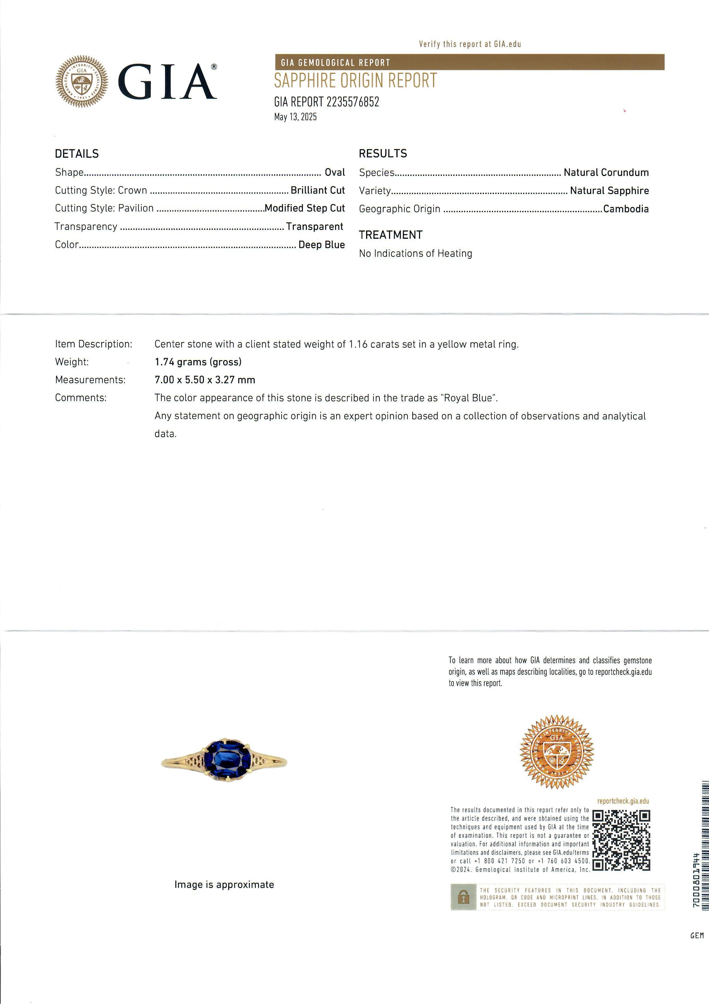 Bague ancienne en or jaune 14k GIA 1.16ct Oval No Heat Sapphire Filigree Ring en vente 1