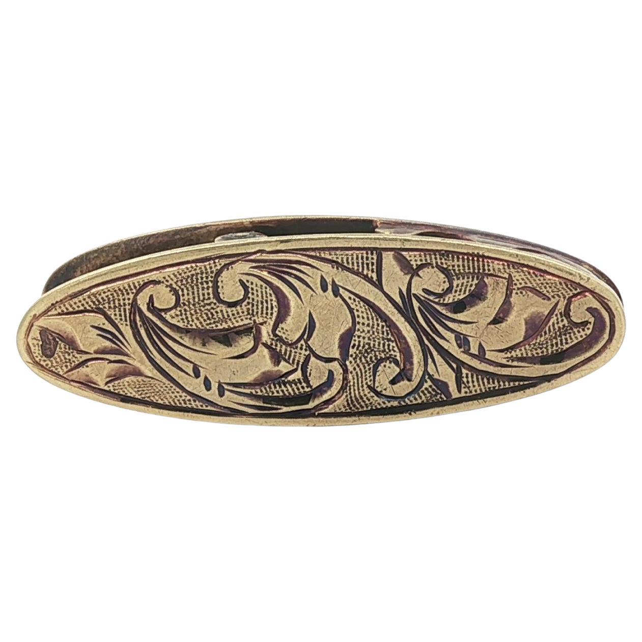 Antique Art Deco 14k Yellow Gold Hand Engraved Etched Dress or Tie Clip