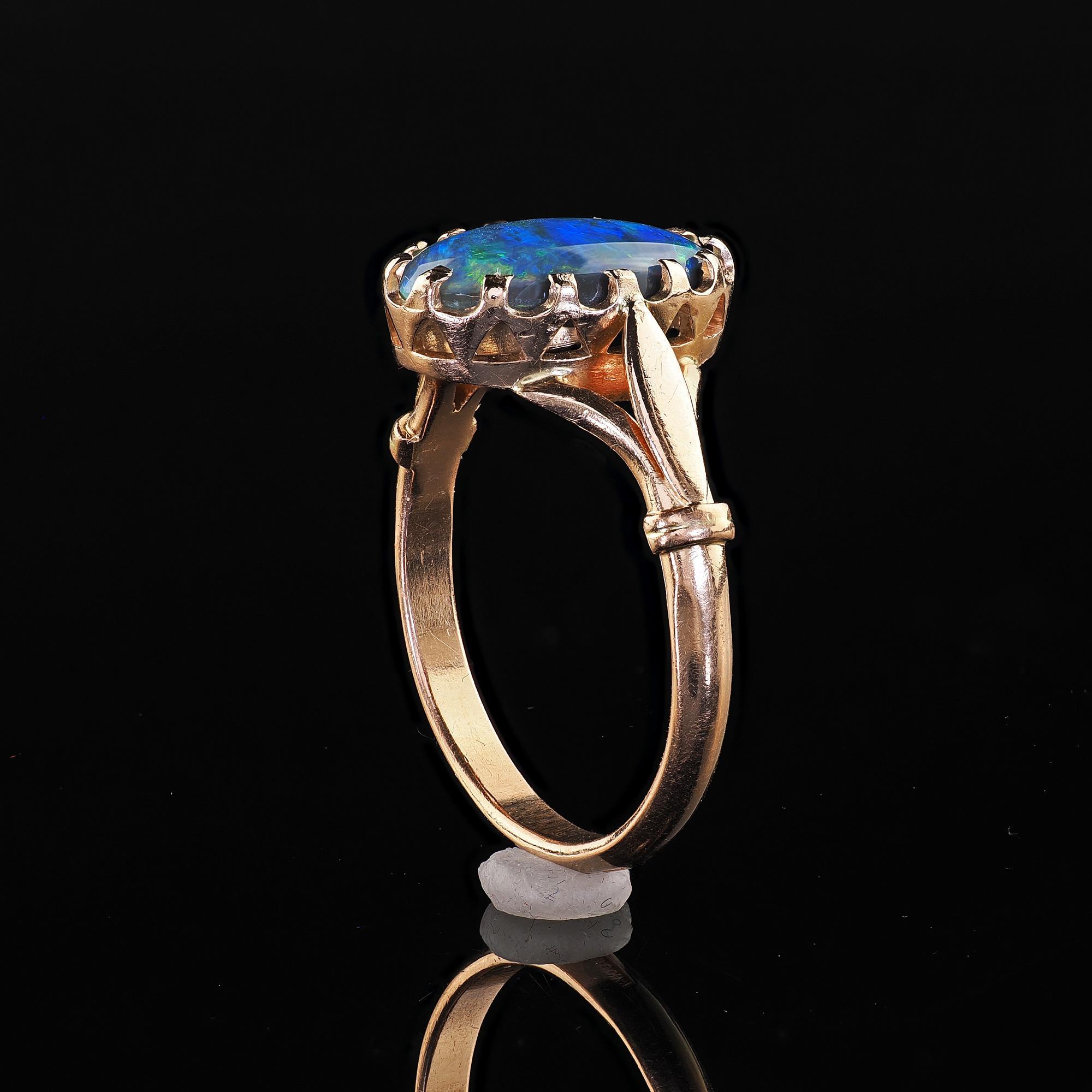 Anello di fidanzamento antico Art Deco in oro giallo 14K con opale nero naturale in vendita 6