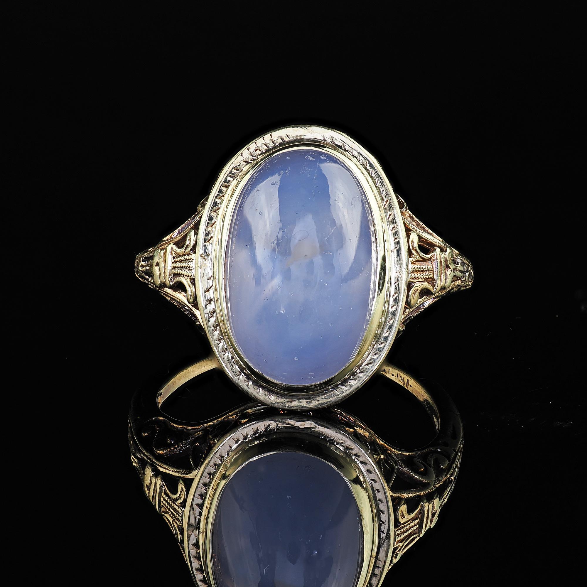 Antiker Art Deco 14K Gelbgold Natürlicher Cabochon Stern Saphir Filigraner Ring im Angebot 7