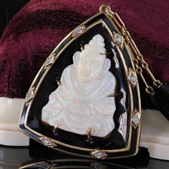 Antique Art Deco 14K Yellow Gold Natural Opal Diamond Onyx and Buddha Pendant