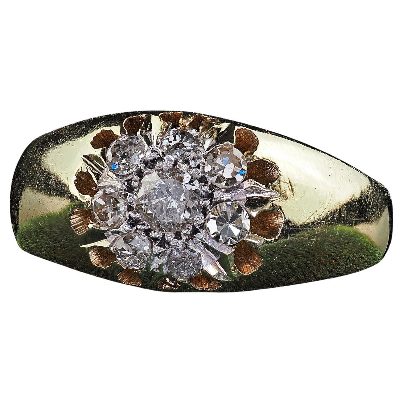 Antiguo Anillo de Compromiso Art Decó de Oro Amarillo de 14 K con Racimo de Diamantes talla antigua