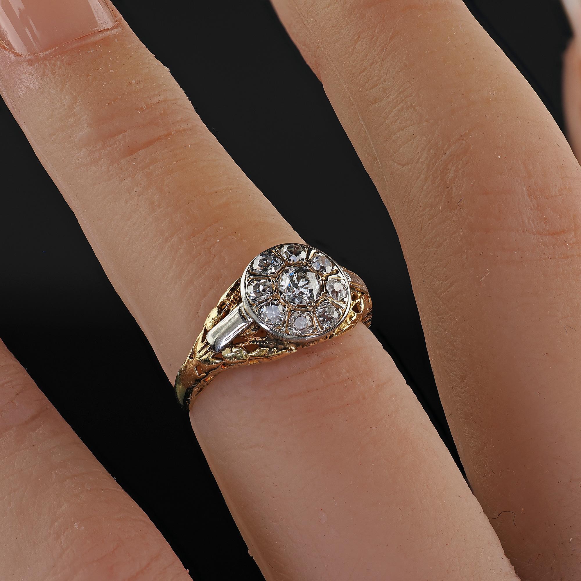 Antique Art Deco 14K Yellow Gold Old Cut Diamond Filigree Engagement Ring For Sale 6