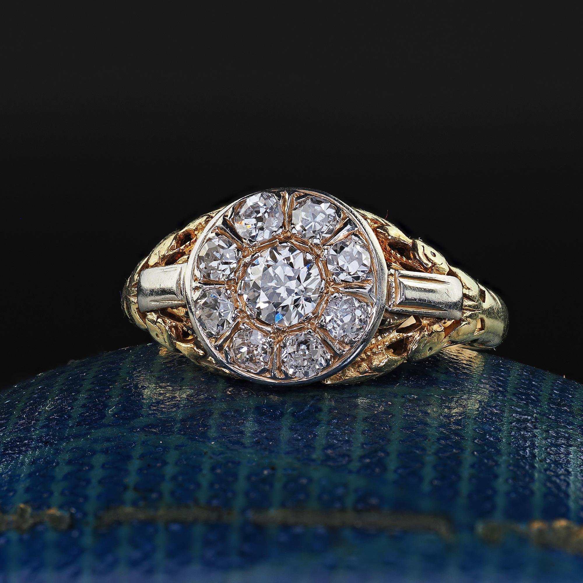 Beautiful Antique Art Deco 14K Yellow Gold Old Cut Diamond Filigree Engagement Ring. This beautiful Art Deco old cut diamond engagement ring is crafted in 14k yellow gold. This ring features a cluster of old cut diamonds on top with a gorgeous