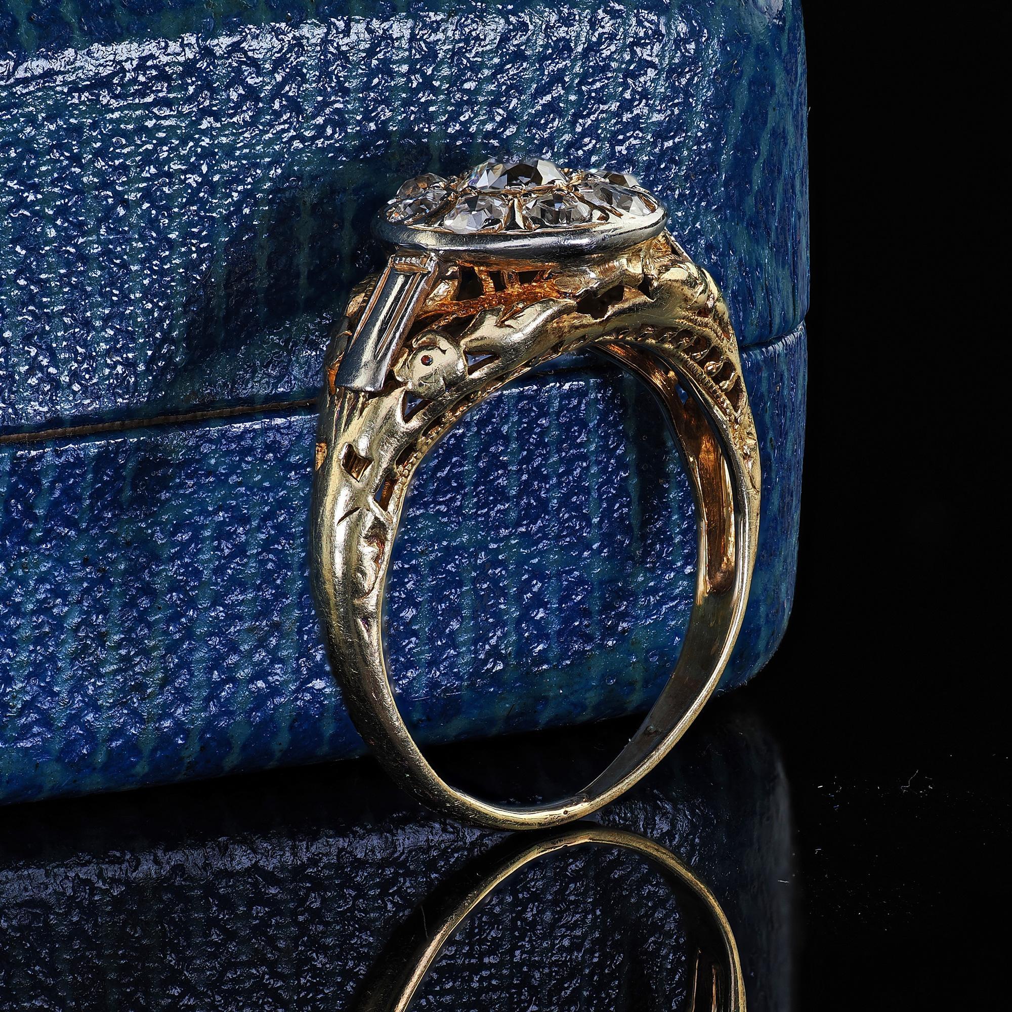 Old Mine Cut Antique Art Deco 14K Yellow Gold Old Cut Diamond Filigree Engagement Ring For Sale