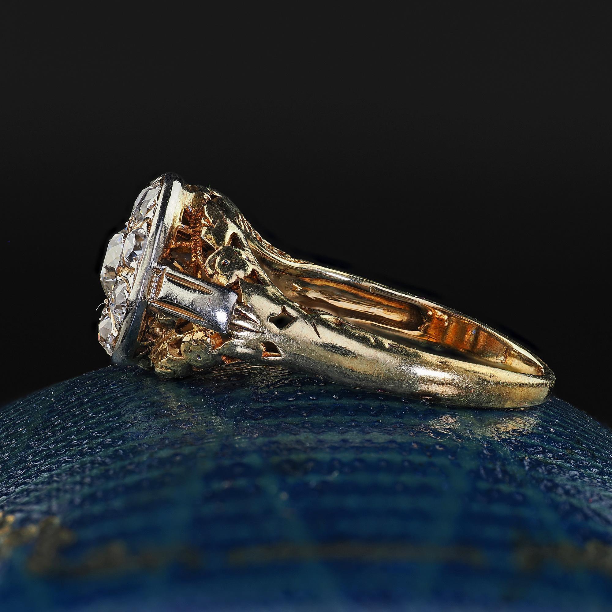 Women's Antique Art Deco 14K Yellow Gold Old Cut Diamond Filigree Engagement Ring For Sale