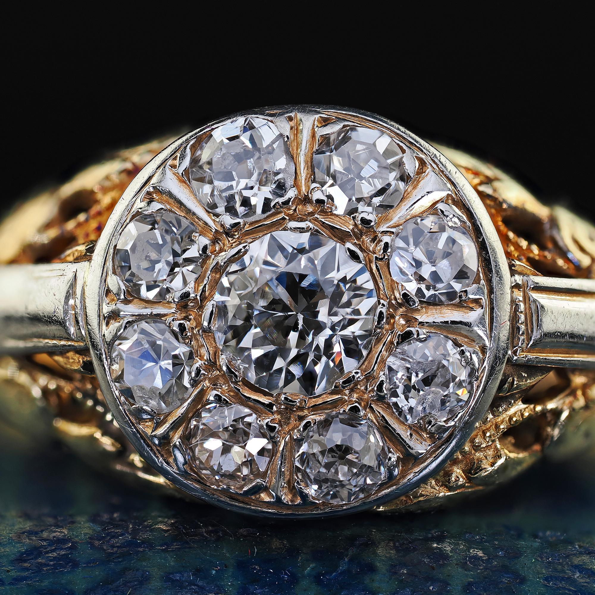 Antique Art Deco 14K Yellow Gold Old Cut Diamond Filigree Engagement Ring For Sale 2