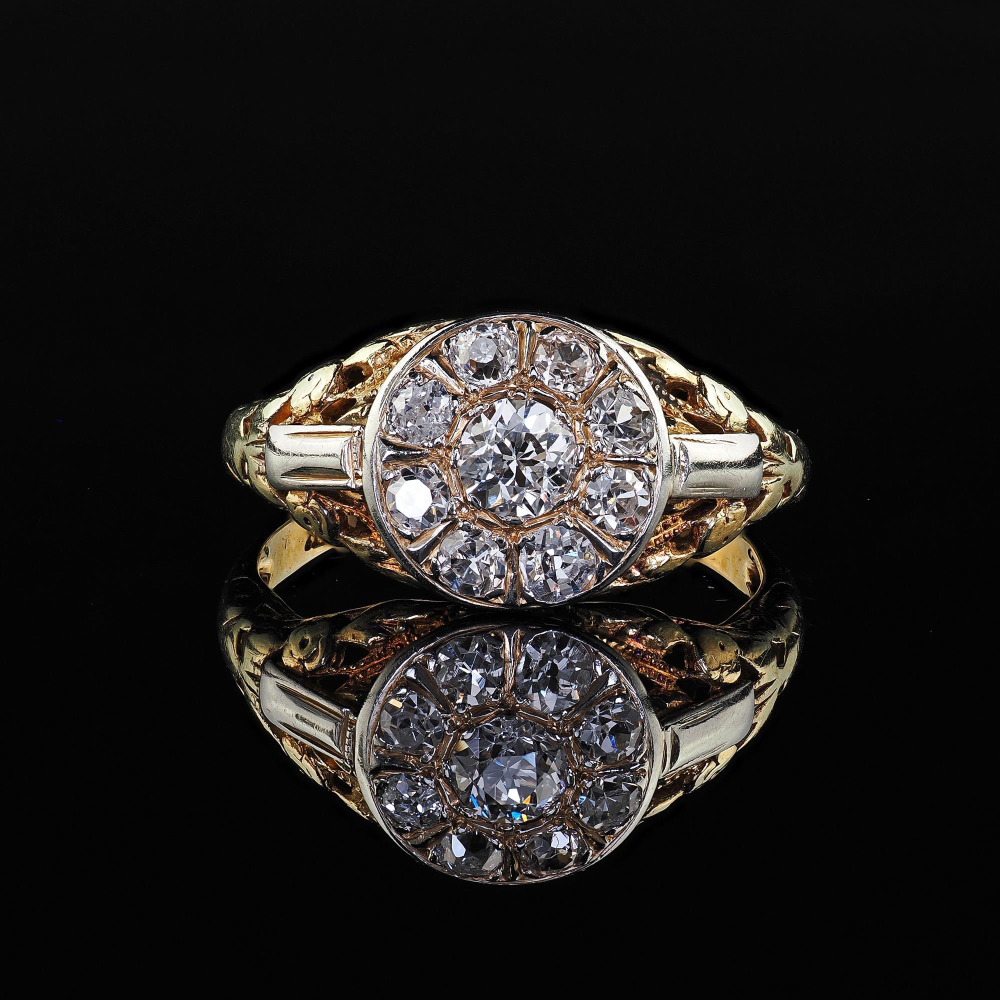Antique Art Deco 14K Yellow Gold Old Cut Diamond Filigree Engagement Ring For Sale 3
