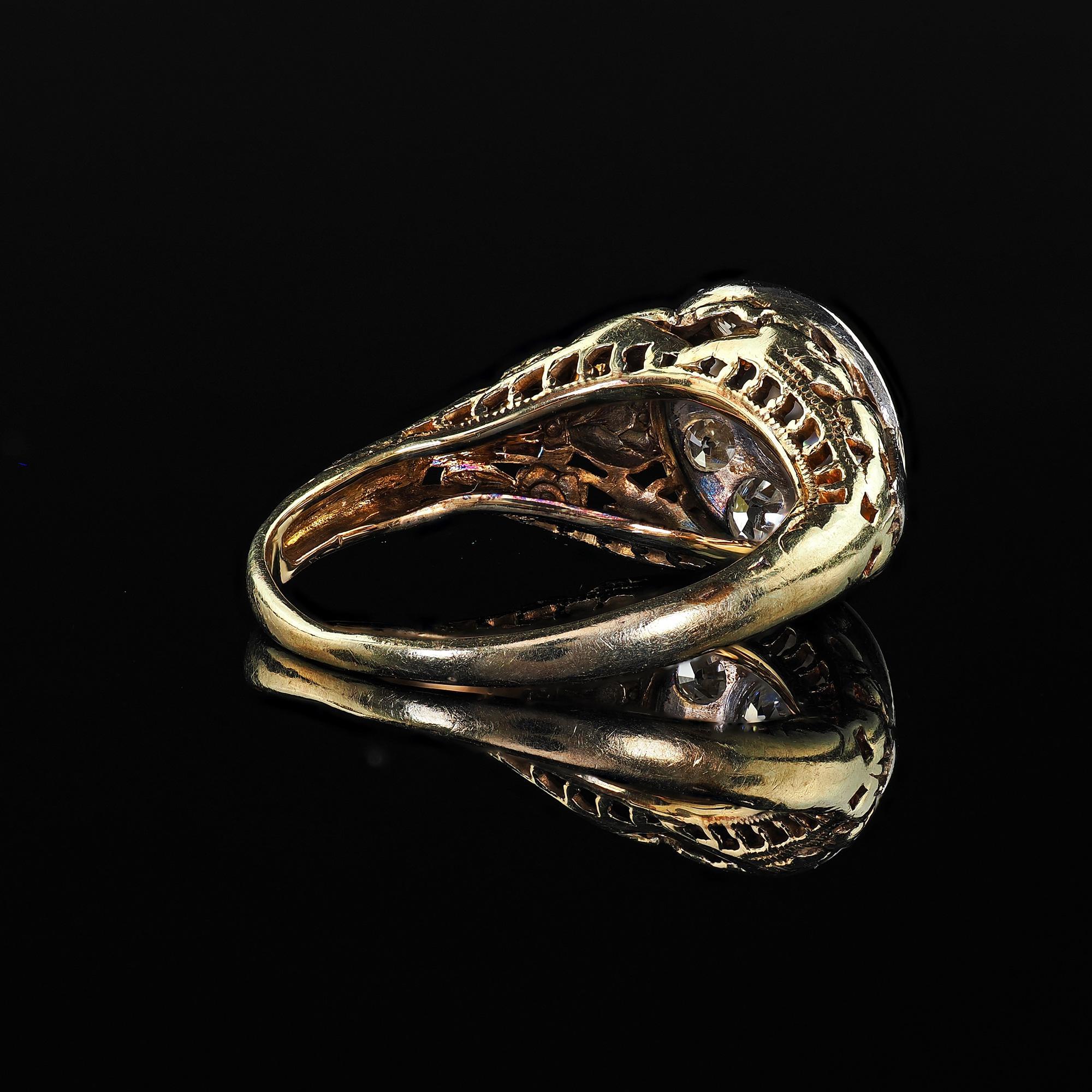 Antique Art Deco 14K Yellow Gold Old Cut Diamond Filigree Engagement Ring For Sale 4