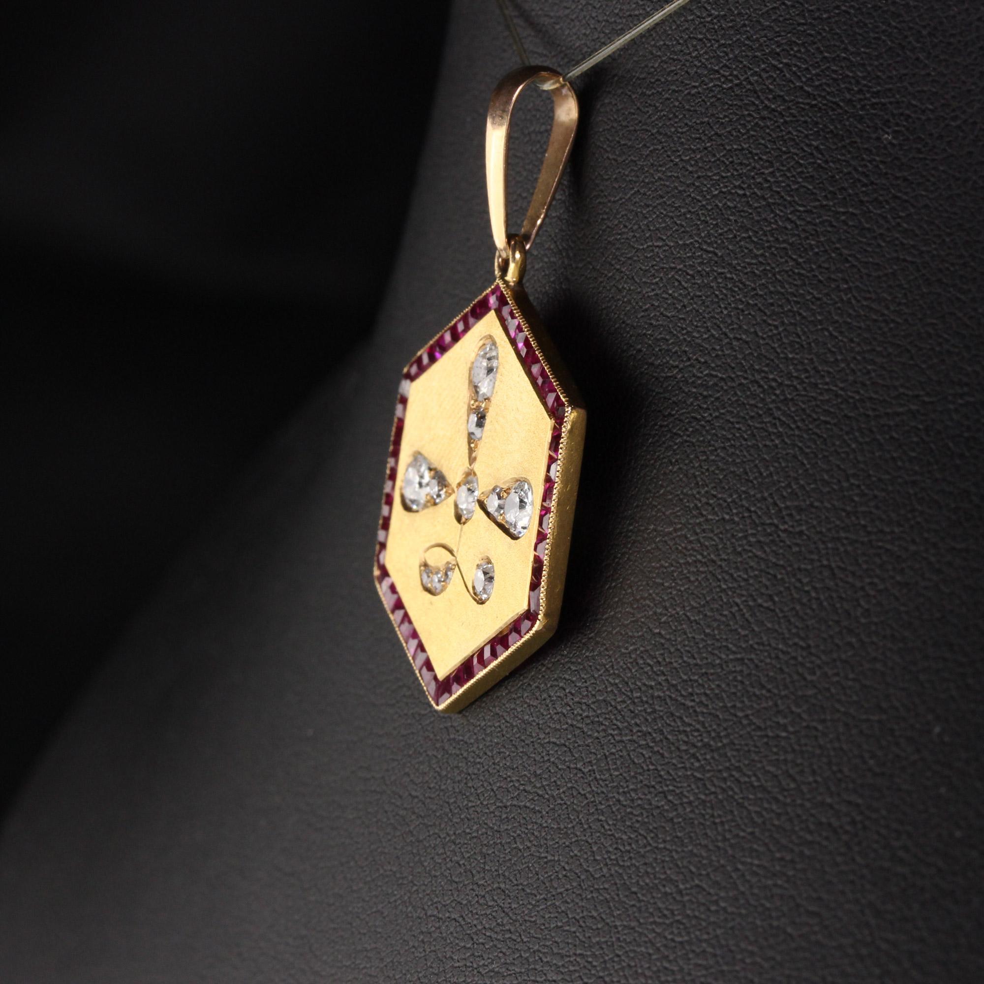 Antique Art Deco 14 Karat Yellow Gold Old Euro Cut Diamond and Ruby Pendant In Good Condition In Great Neck, NY