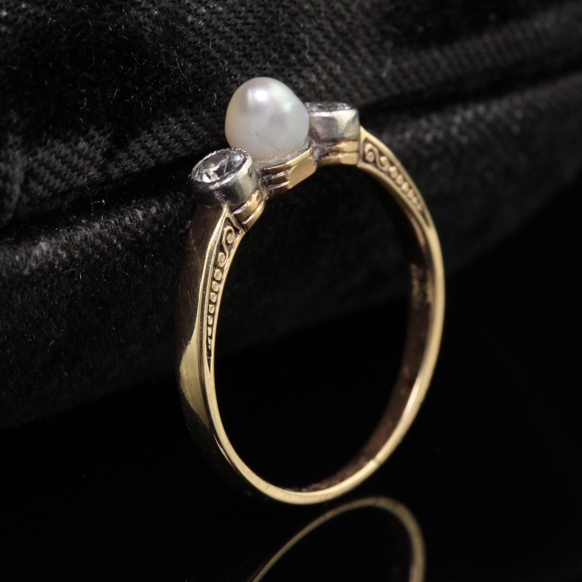 Old European Cut Antique Art Deco 14K Yellow Gold Old Euro Diamond and Pearl Three Stone Ring For Sale