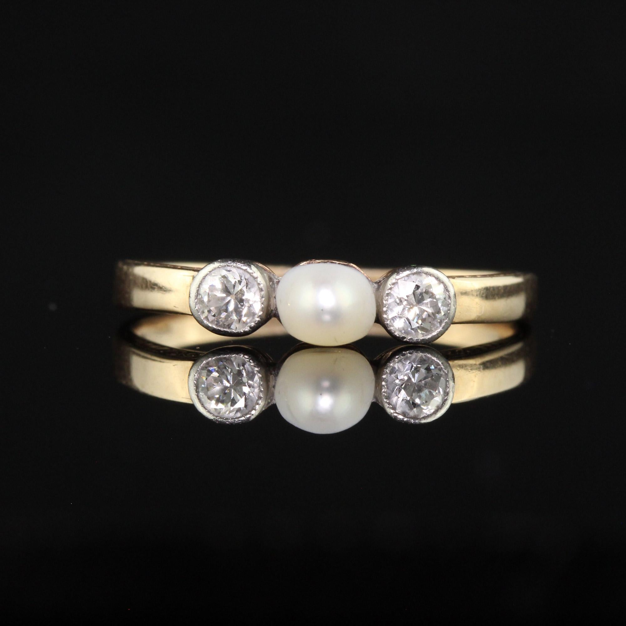 Antique Art Deco 14K Yellow Gold Old Euro Diamond and Pearl Three Stone Ring In Good Condition For Sale In Great Neck, NY