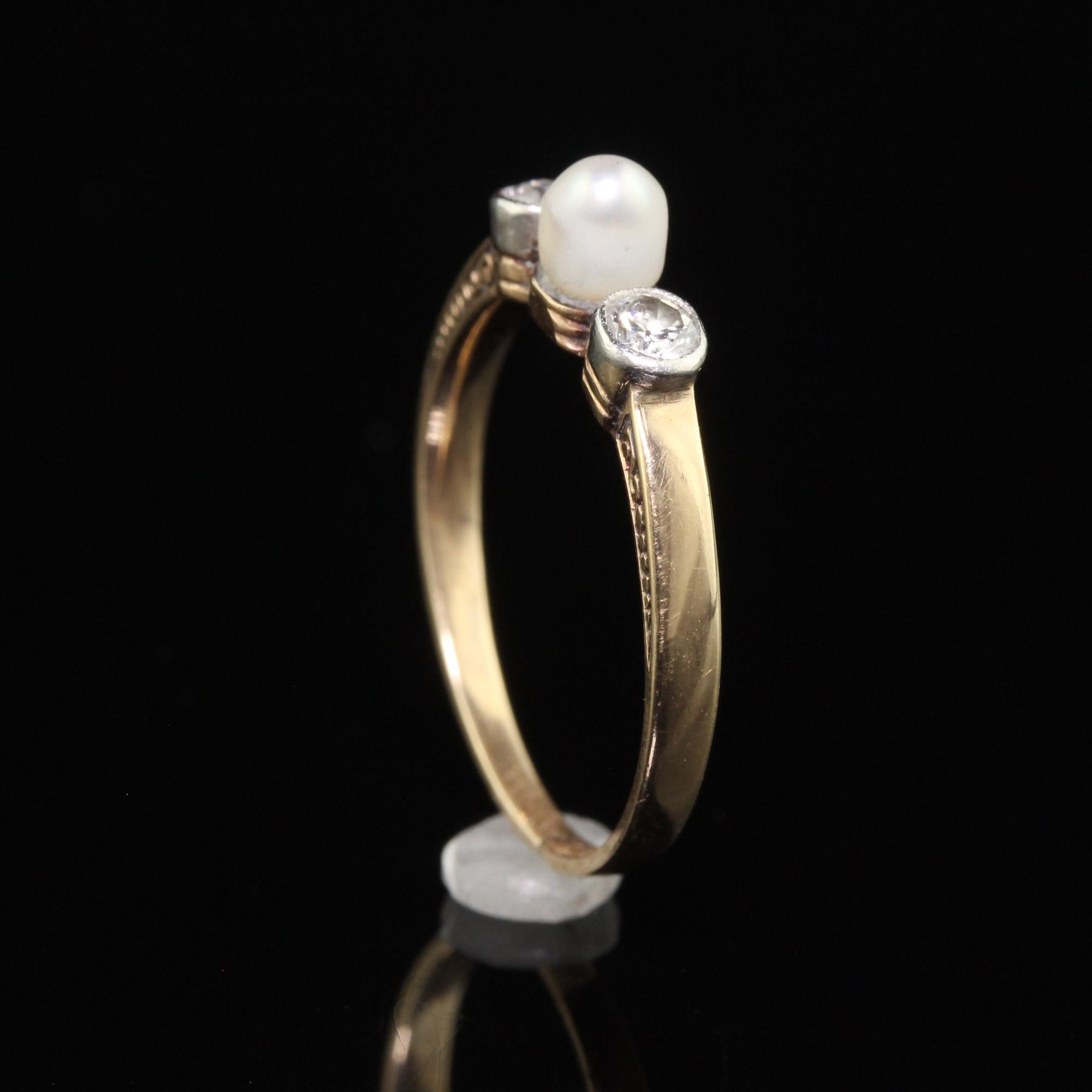 Antique Art Deco 14K Yellow Gold Old Euro Diamond and Pearl Three Stone Ring For Sale 1