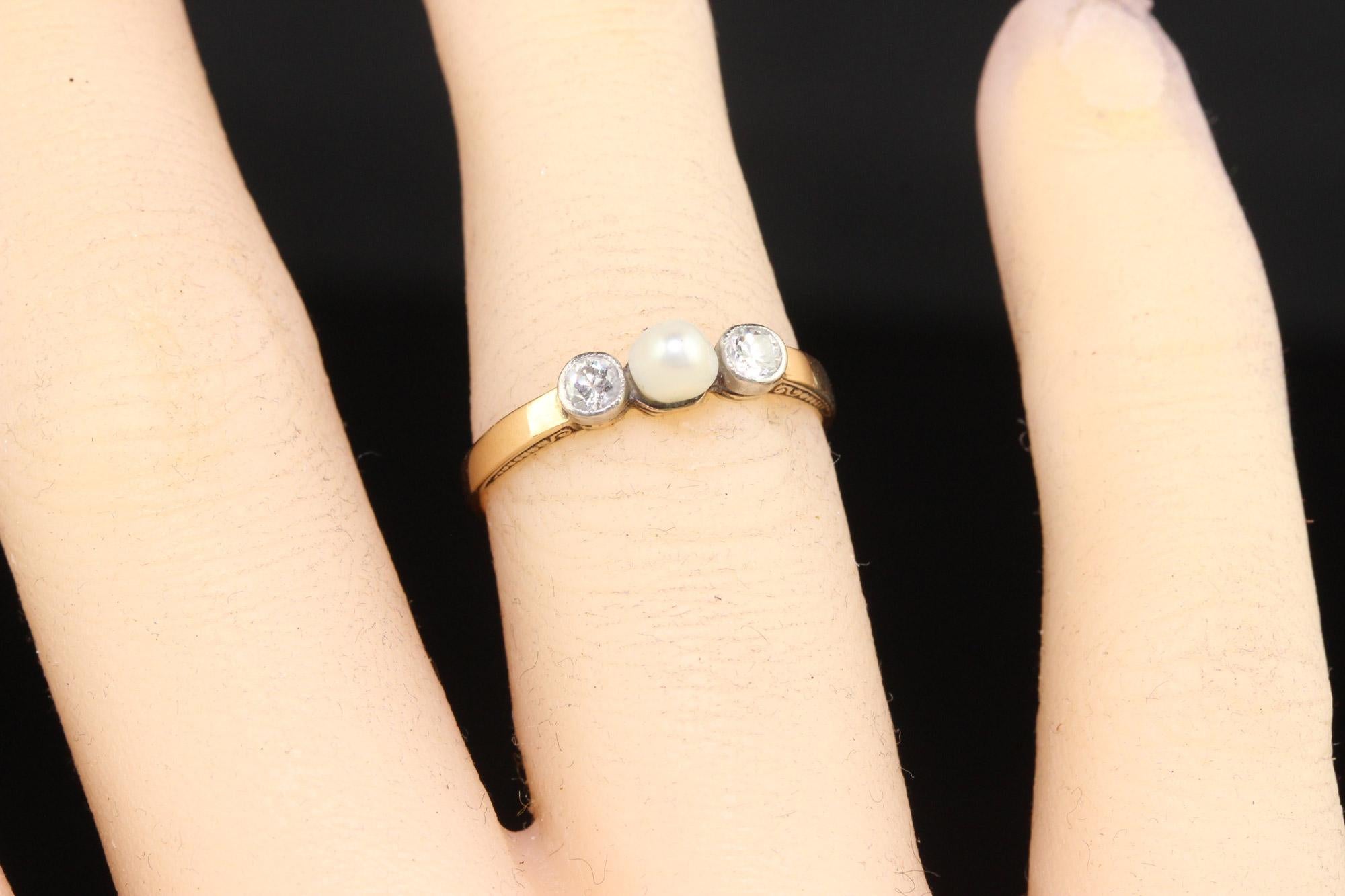 Antique Art Deco 14K Yellow Gold Old Euro Diamond and Pearl Three Stone Ring For Sale 2