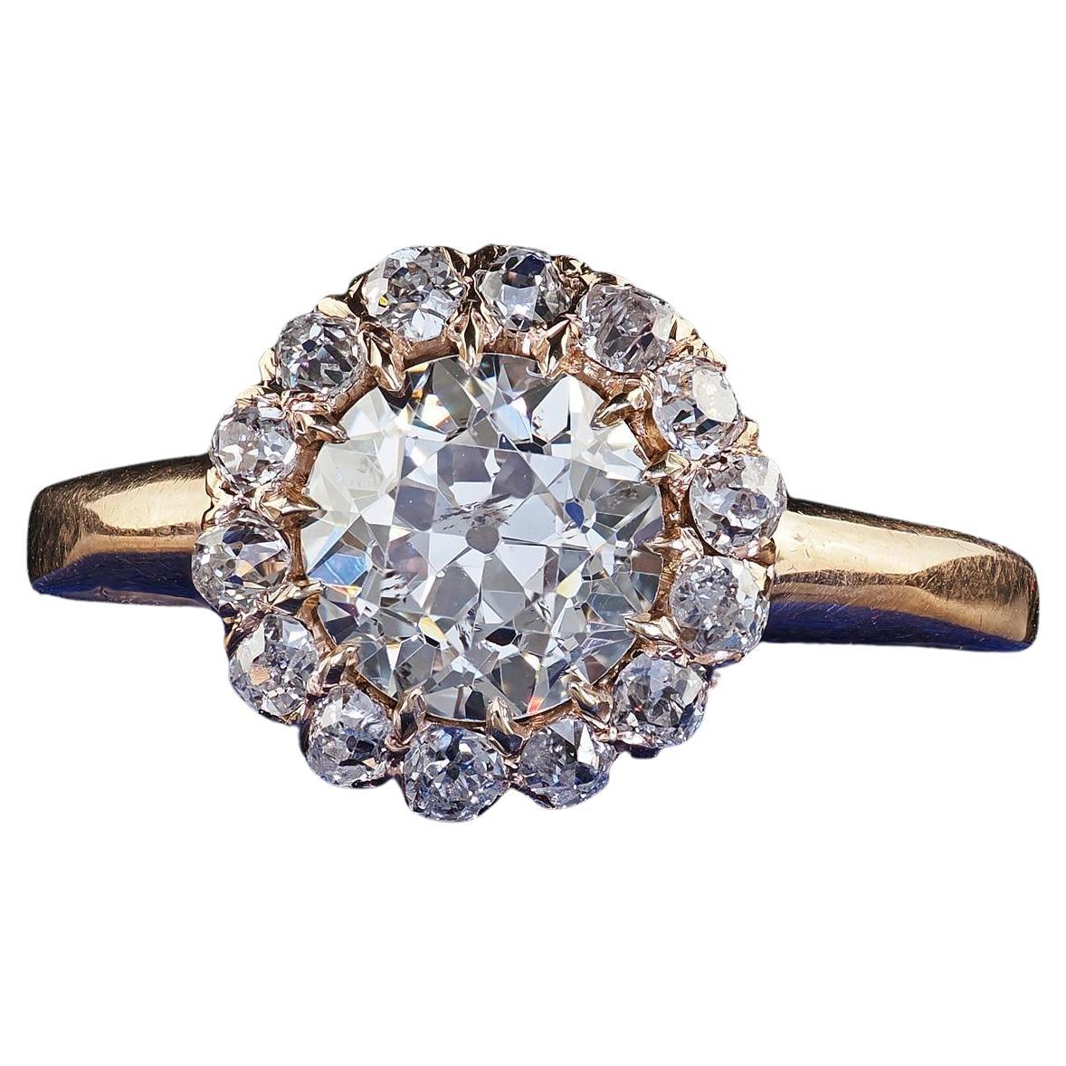 Antique Art Deco 14K Yellow Gold Old Euro Diamond Cluster Engagement Ring - GIA