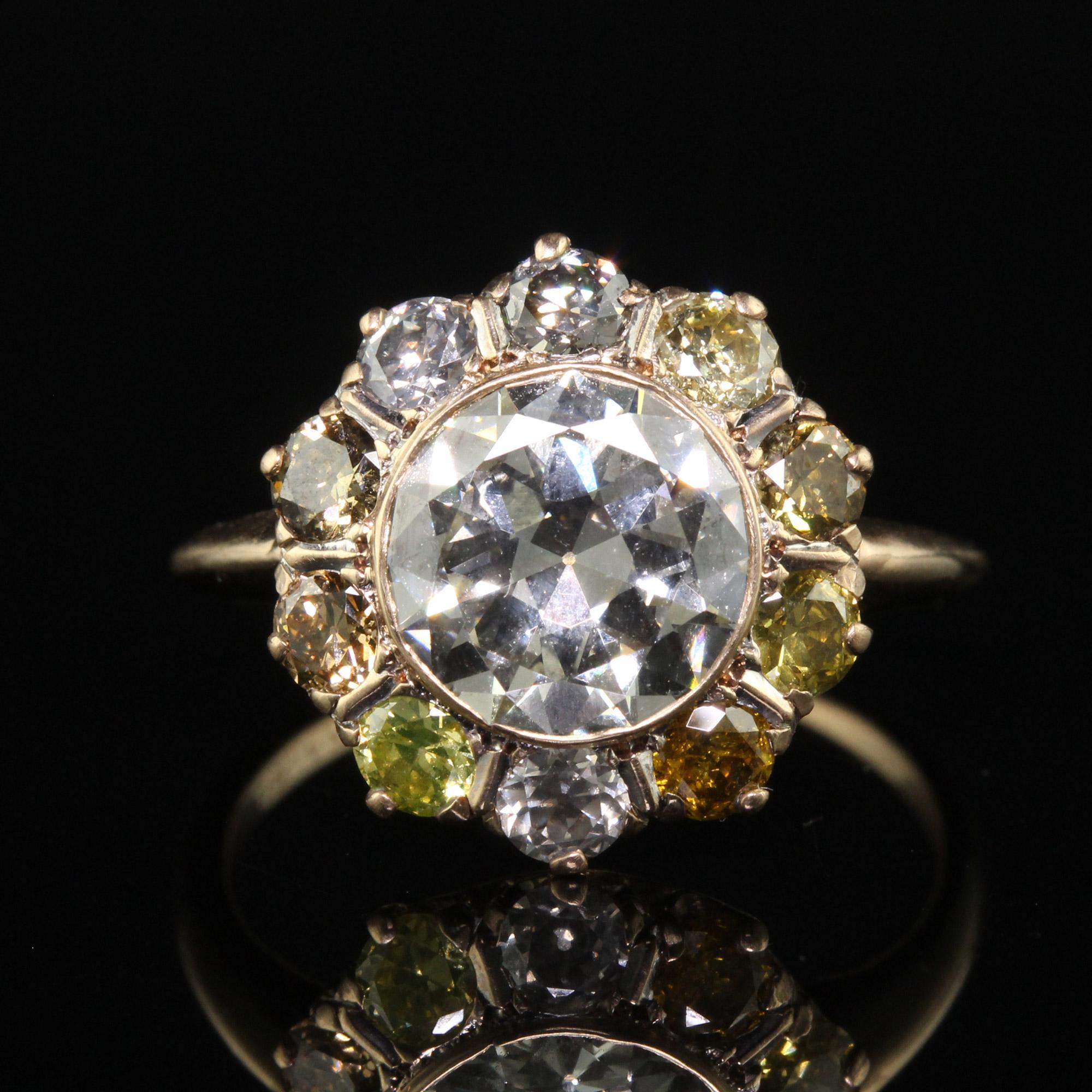 Women's Antique Art Deco 14K Yellow Gold Old Euro Fancy Color Halo Diamond Engagement Ri For Sale