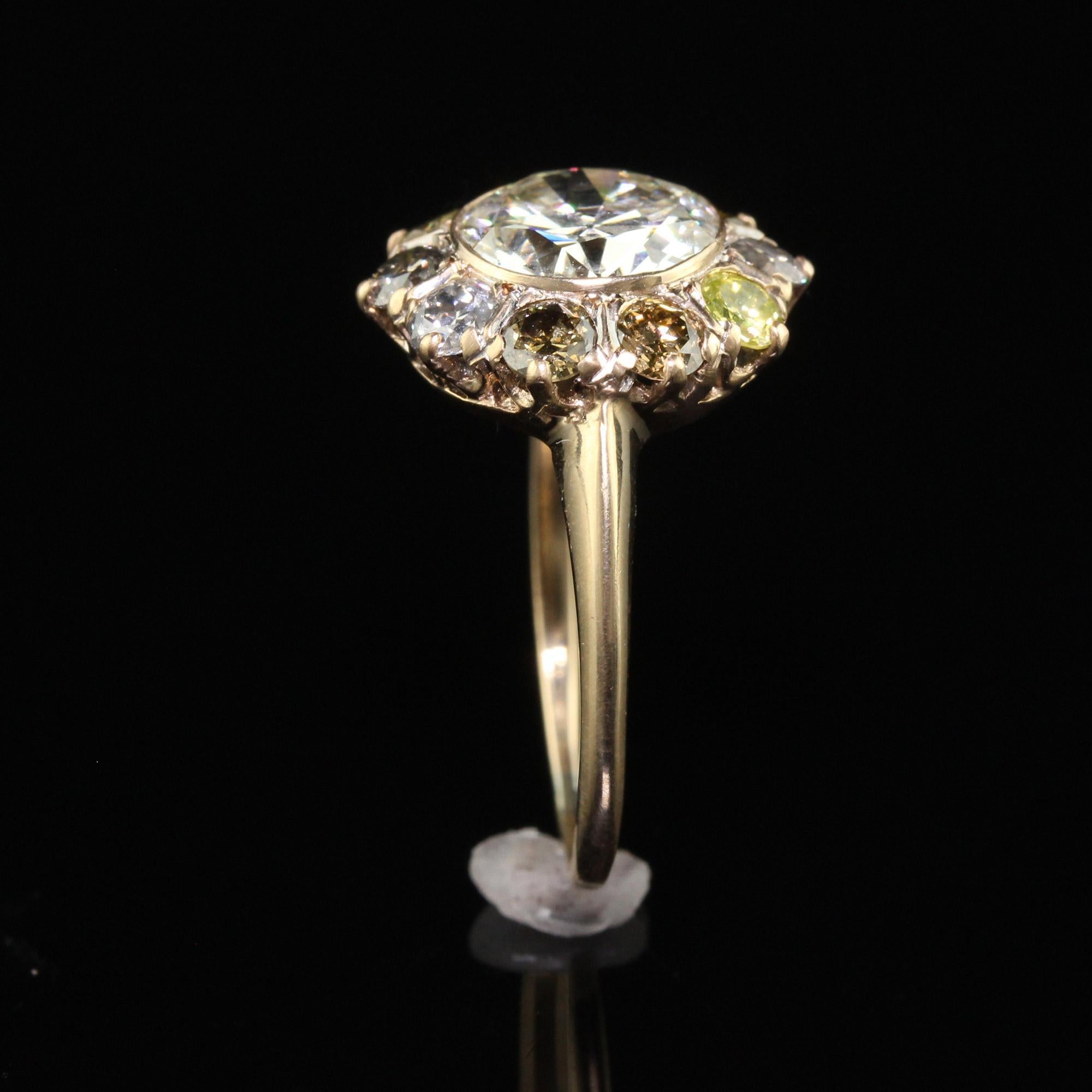 Antique Art Deco 14K Yellow Gold Old Euro Fancy Color Halo Diamond Engagement Ri For Sale 2