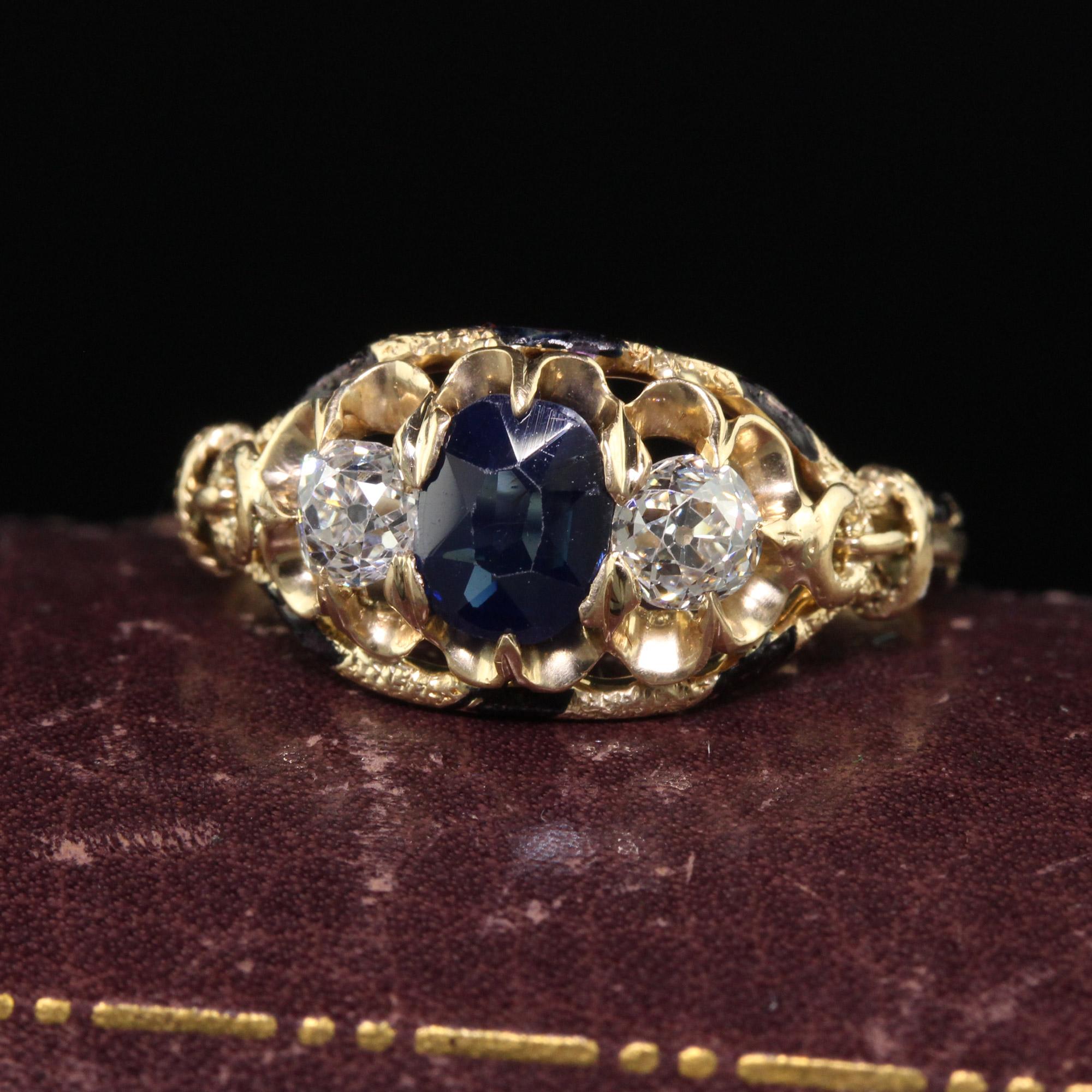 Beautiful Antique Victorian 14K Yellow Gold Old Euro Sapphire Three Stone Ring - GIA. This gorgeous three stone ring is crafted in 14k yellow gold. The center holds a beautiful no heat sapphire that has a GIA report. The center sapphire has two old
