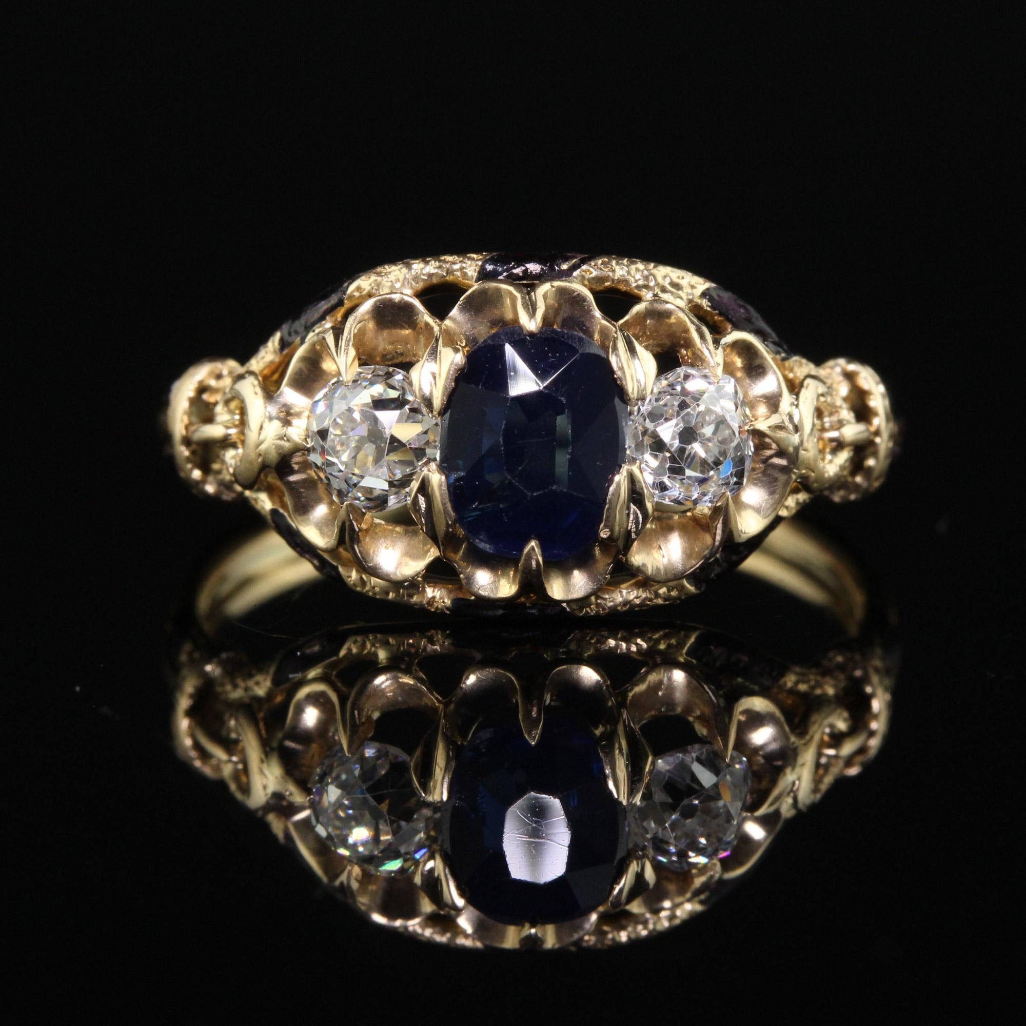 Antique Cushion Cut Antique Victorian 14K Yellow Gold Old Euro Sapphire Three Stone Ring - GIA For Sale
