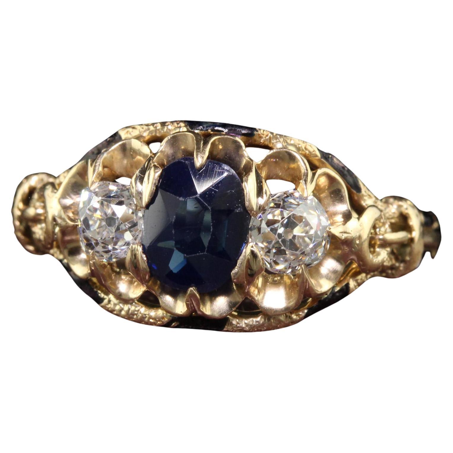 Antique Victorian 14K Yellow Gold Old Euro Sapphire Three Stone Ring - GIA