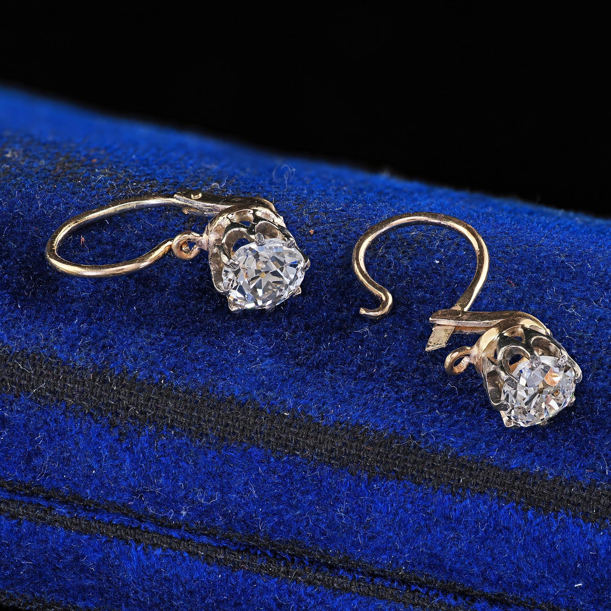 Antique Art Deco 14K Yellow Gold Old European Cut Diamond Drop Earrings For Sale 2