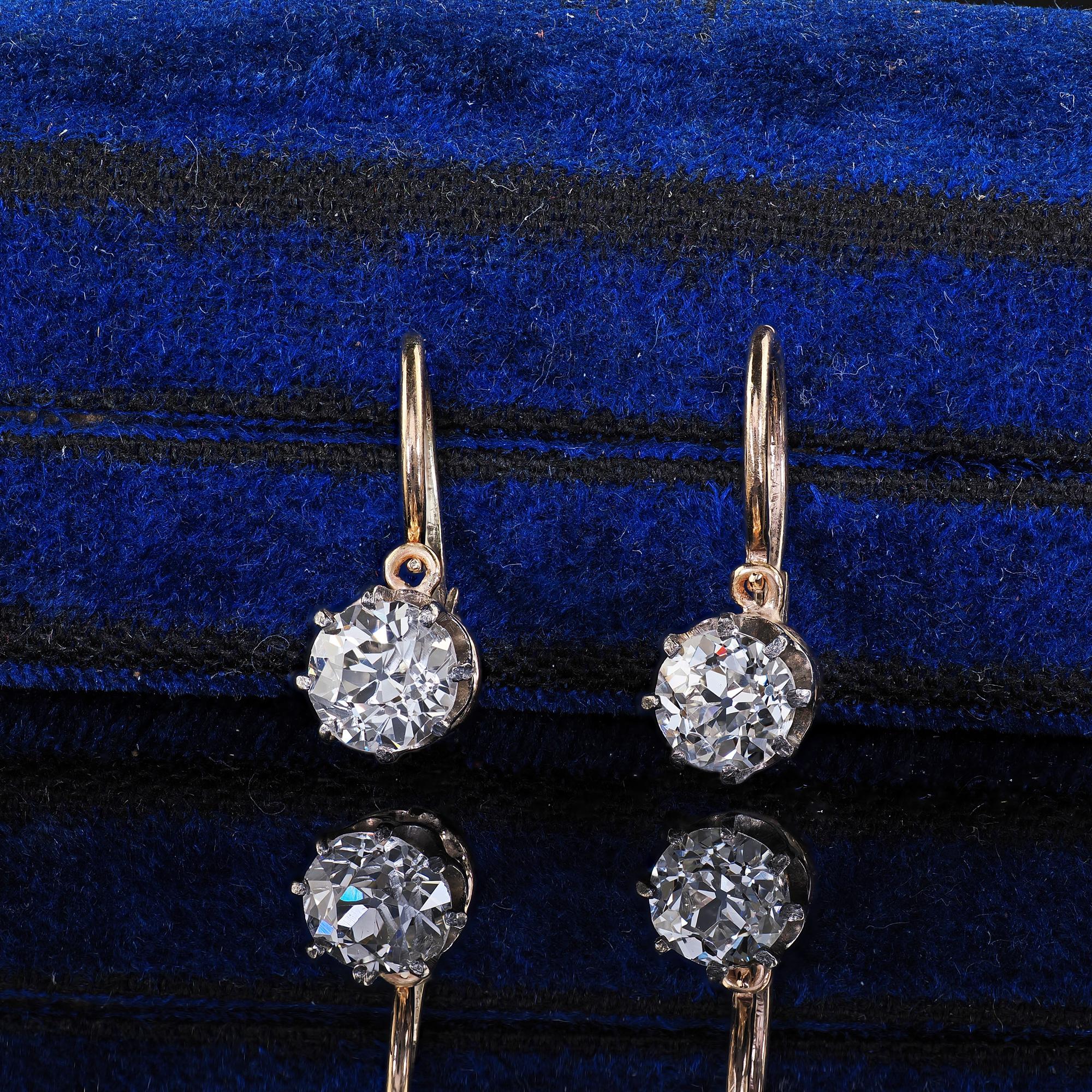 Antique Art Deco 14K Yellow Gold Old European Cut Diamond Drop Earrings For Sale 4
