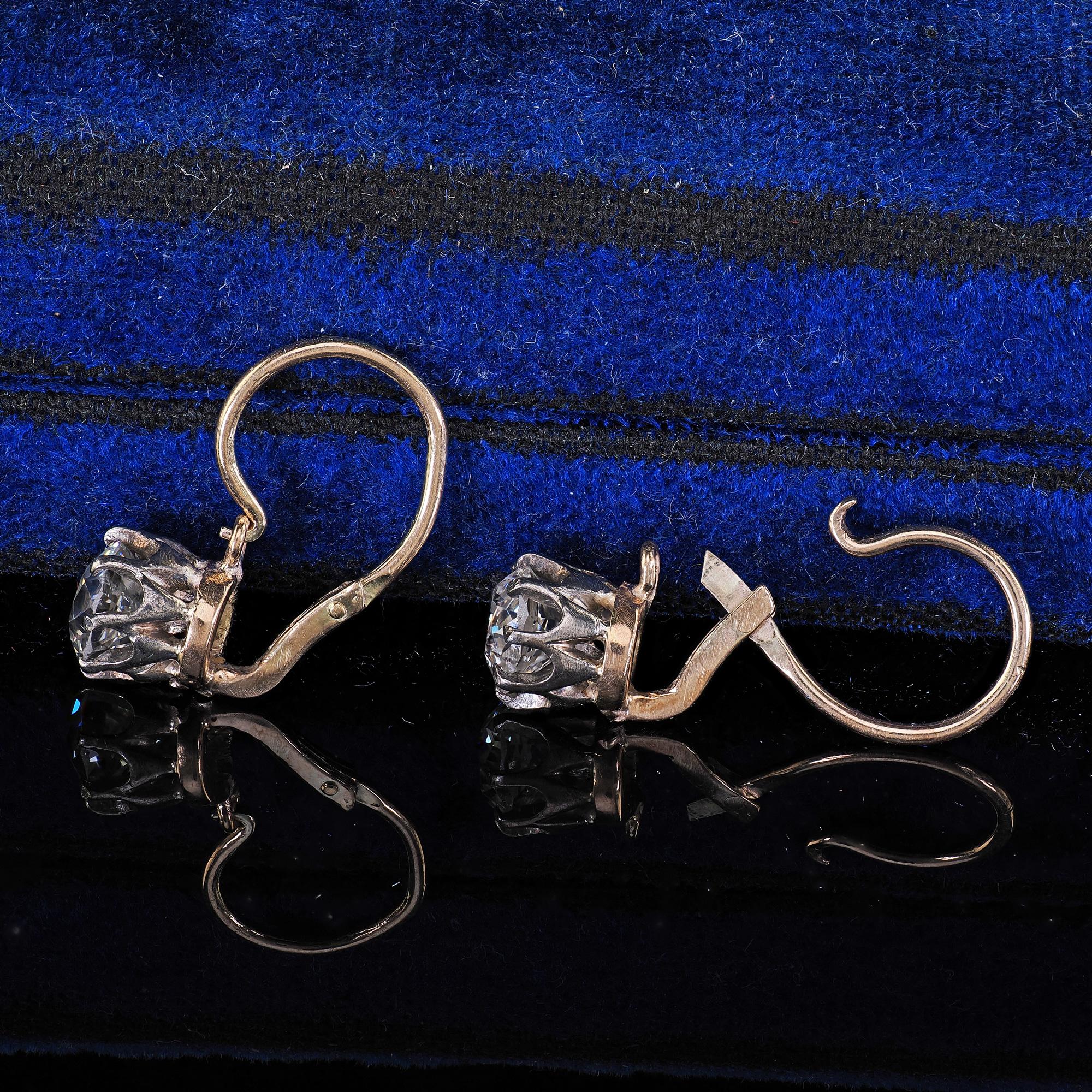 Antique Art Deco 14K Yellow Gold Old European Cut Diamond Drop Earrings For Sale 5