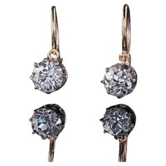 Boucles d'oreilles pendantes en or jaune 14K Art déco antique avec diamants de taille européenne anciens