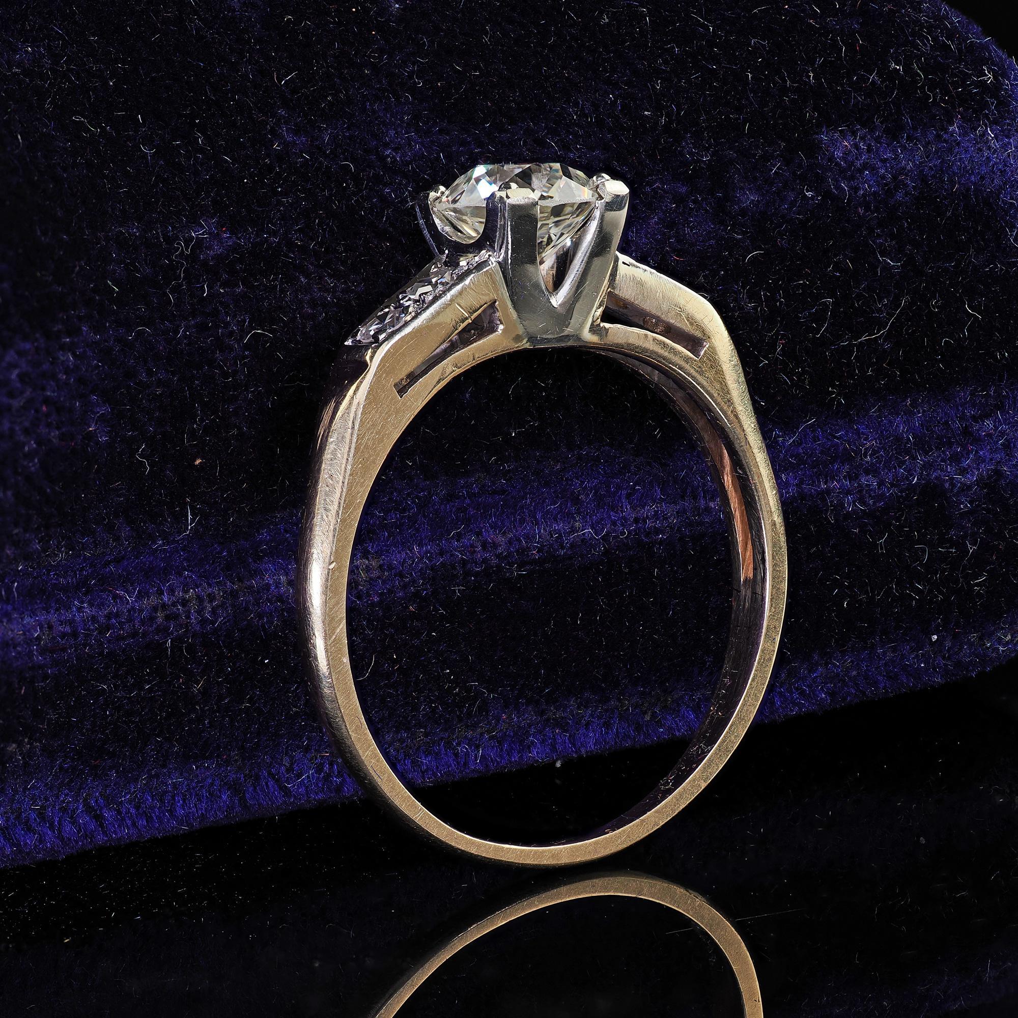 Taille vieille Europe Bague de fiançailles Art déco ancienne en or jaune 14 carats avec diamant taille vieille Europe en vente