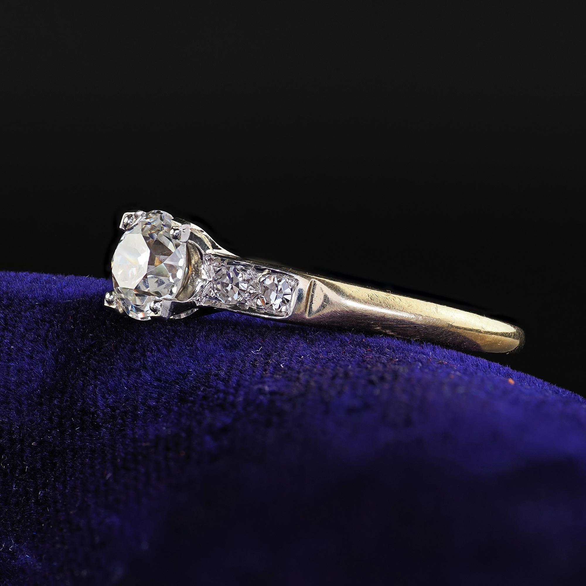Bague de fiançailles Art déco ancienne en or jaune 14 carats avec diamant taille vieille Europe Pour femmes en vente