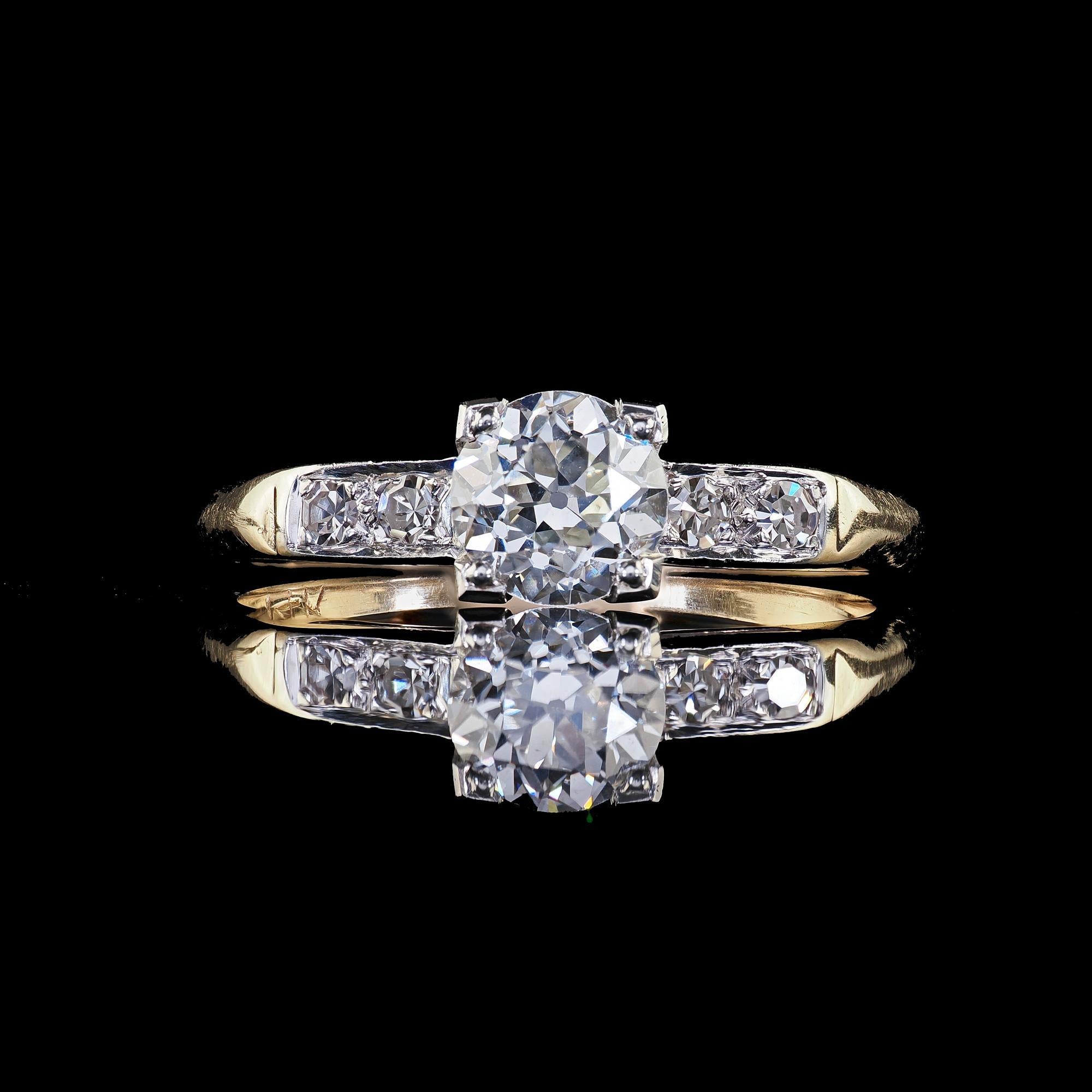 Bague de fiançailles Art déco ancienne en or jaune 14 carats avec diamant taille vieille Europe en vente 2