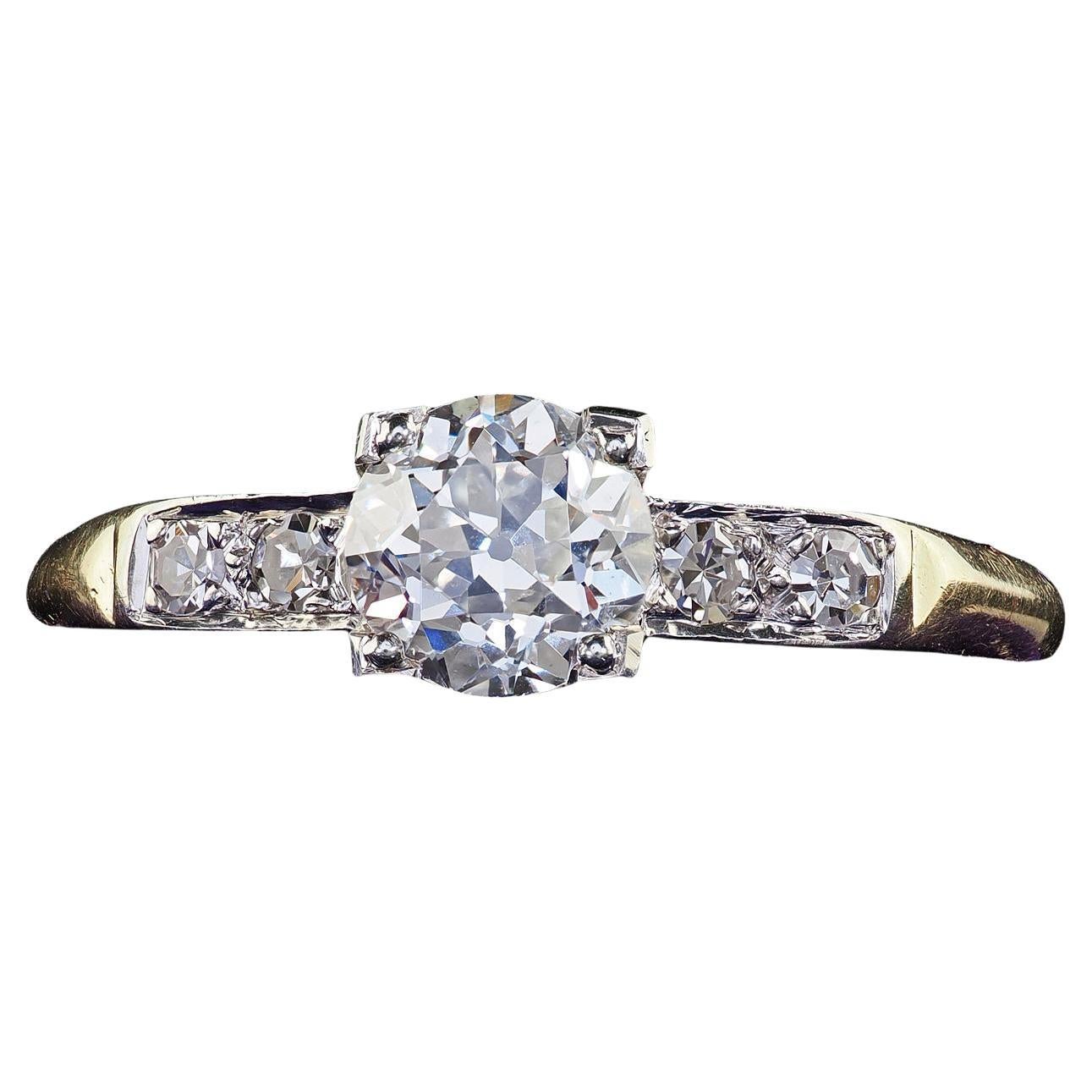 Bague de fiançailles Art déco ancienne en or jaune 14 carats avec diamant taille vieille Europe