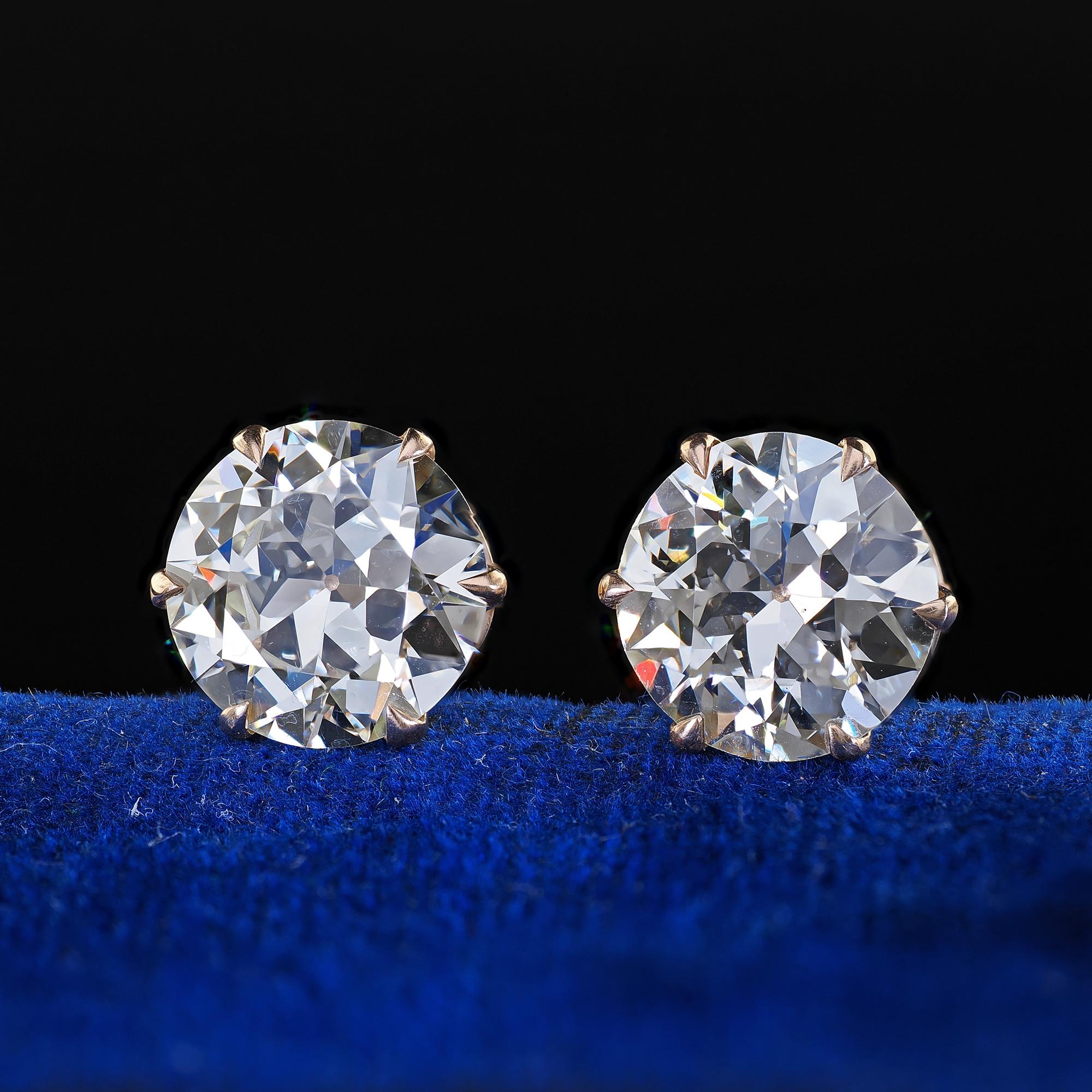 Beautiful Antique Art Deco 14K Yellow Gold Old European Cut Diamond Stud Earrings - GIA. This gorgeous pair of Art Deco old European cut diamond stud earrings are crafted in 14k yellow gold. The earrings feature two beautiful old European cut