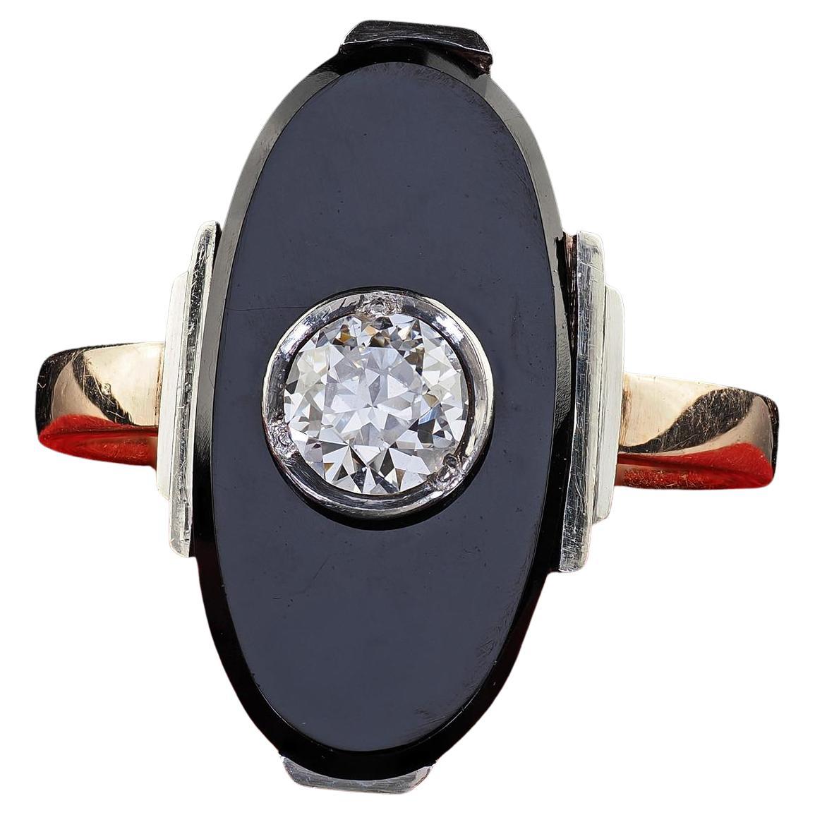 Antique Art Deco 14K Yellow Gold Old European Diamond and Onyx Cocktail Ring