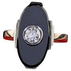 Antique Art Deco 14K Yellow Gold Old European Diamond and Onyx Cocktail Ring
