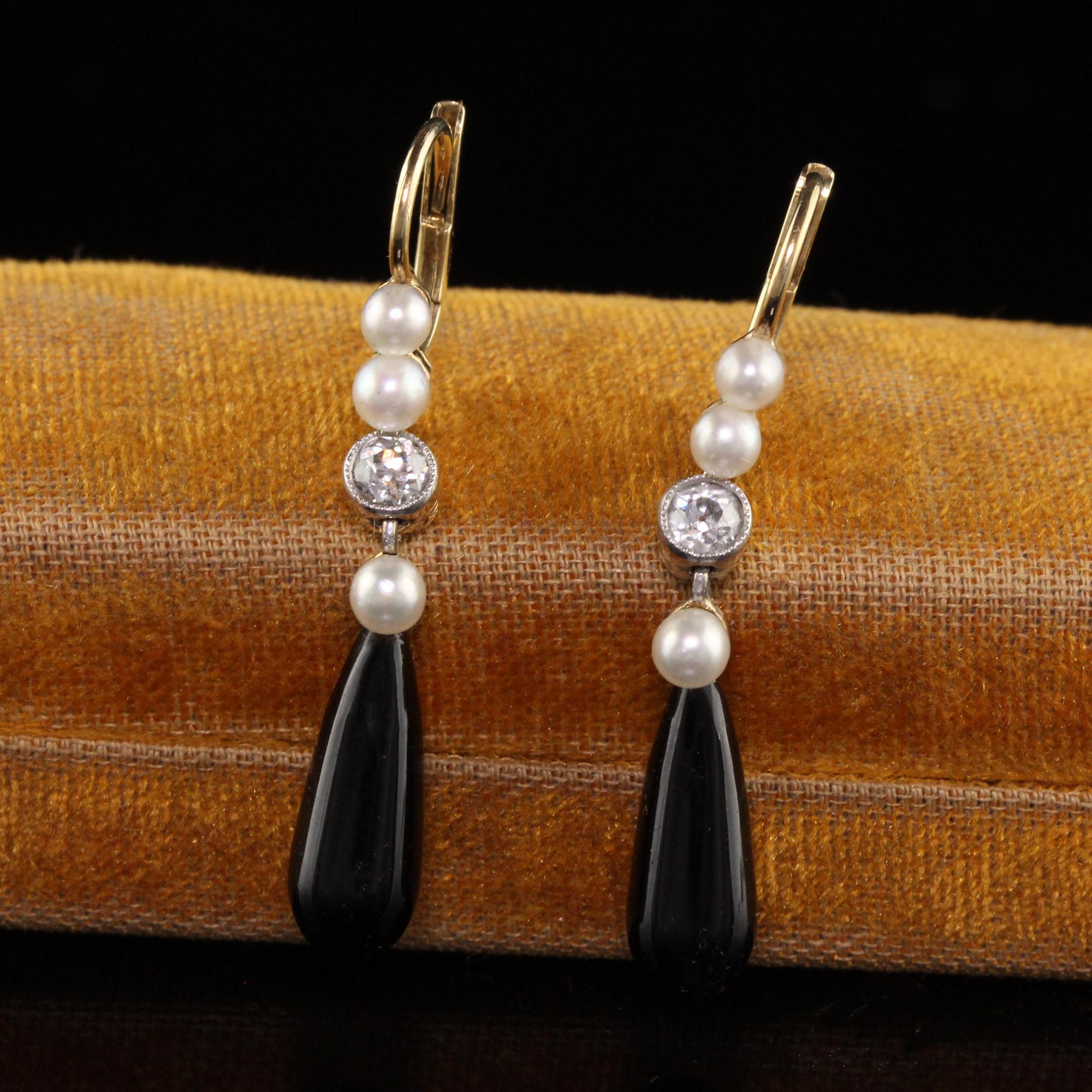 Antique Art Deco 14k Yellow Gold Old European Diamond and Onyx Drop Earrings In Good Condition For Sale In Great Neck, NY