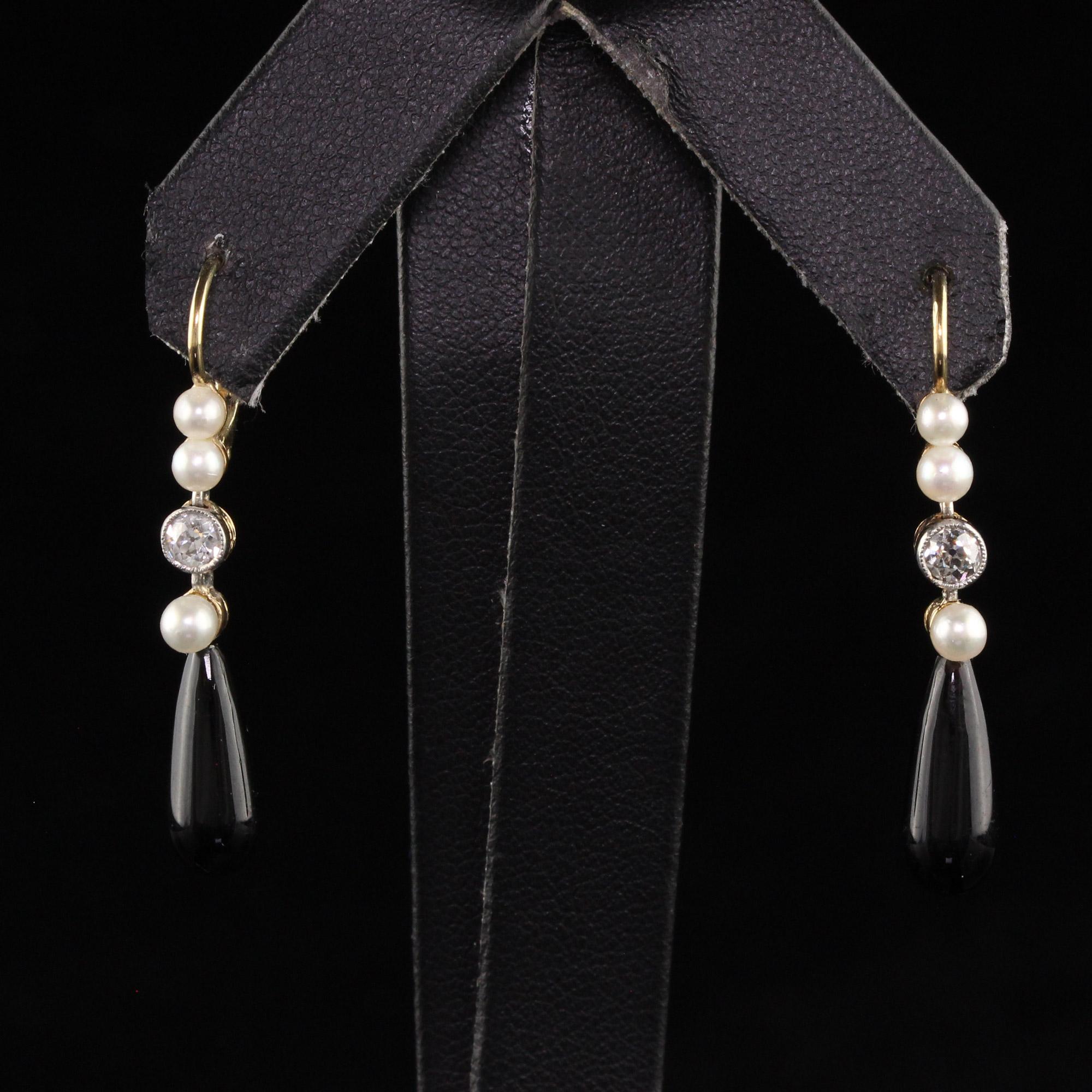 Women's Antique Art Deco 14k Yellow Gold Old European Diamond and Onyx Drop Earrings For Sale