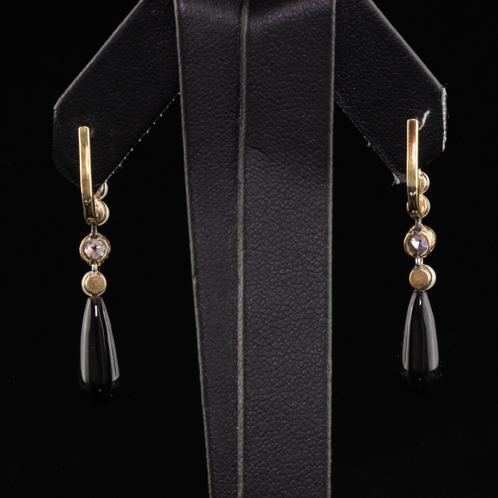 Antique Art Deco 14k Yellow Gold Old European Diamond and Onyx Drop Earrings For Sale 2