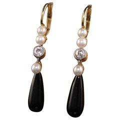 Antique Art Deco 14k Yellow Gold Old European Diamond and Onyx Drop Earrings
