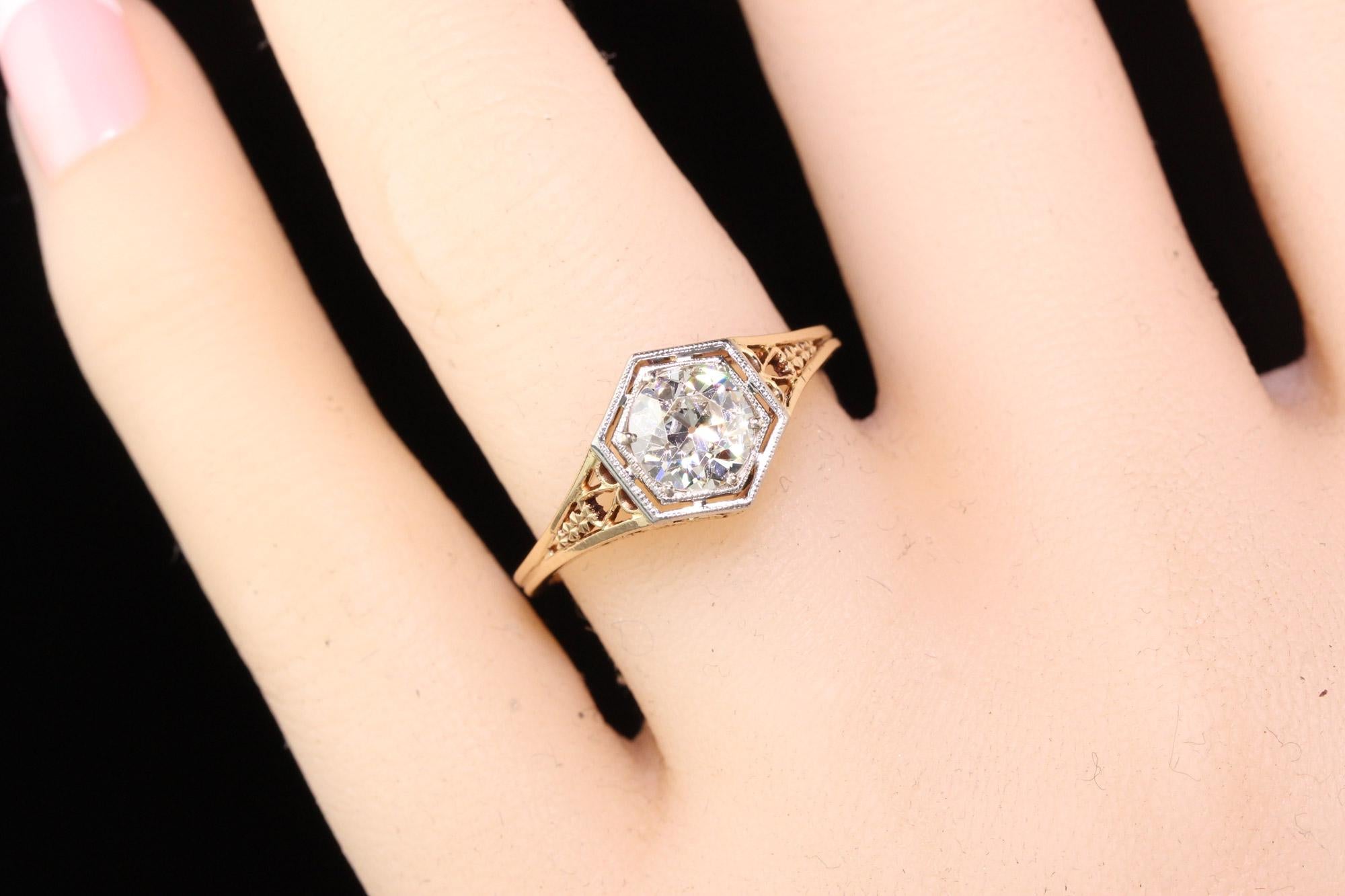 Women's Antique Art Deco 14 Karat Yellow Gold Old European Diamond Engagement Ring