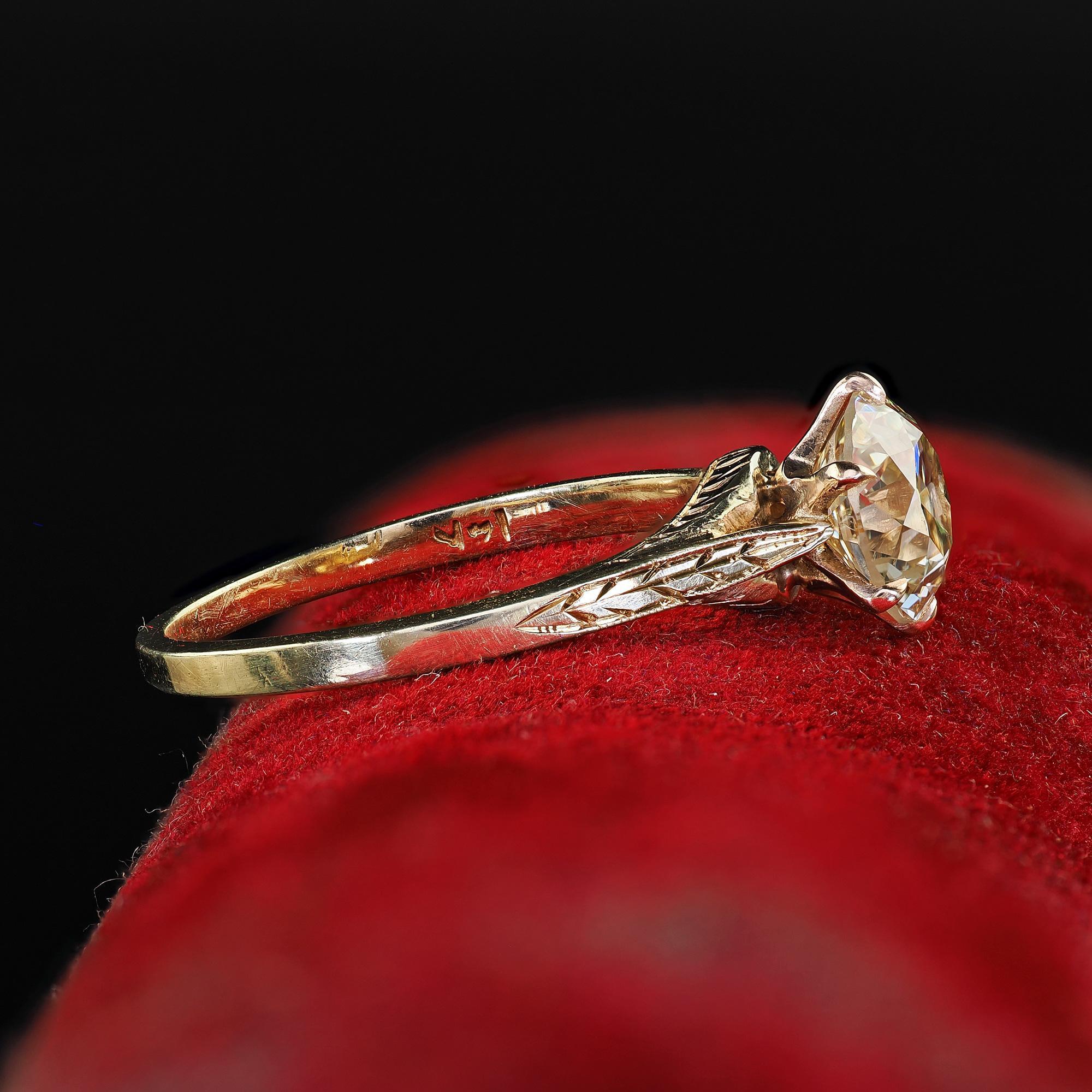 Antiker Art Deco 14K Gelbgold Alter europäischer Diamant Verlobungsring - GIA (Alteuropäischer Schliff) im Angebot