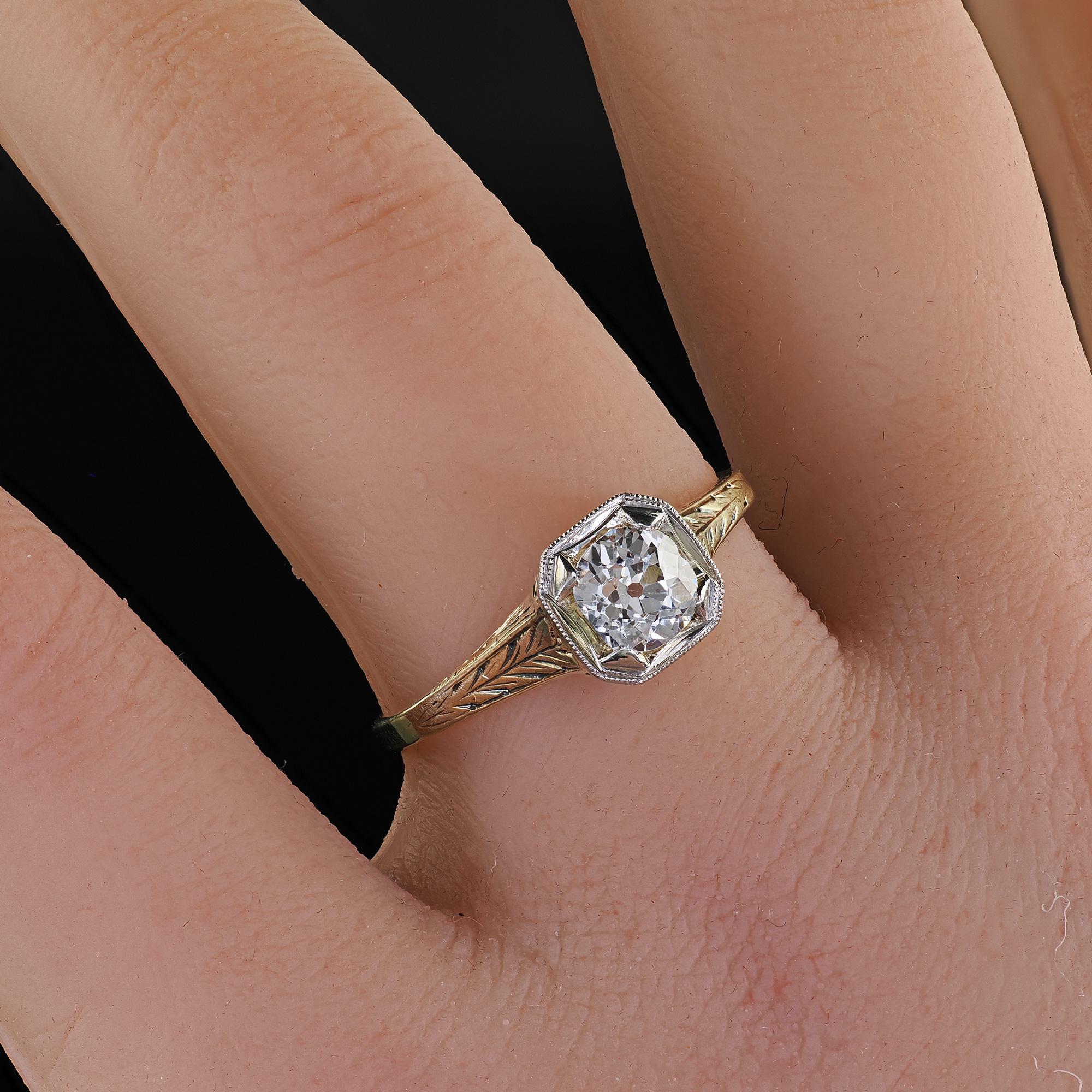 Anello di fidanzamento antico Art Deco in oro giallo 14K con diamante europeo in filigrana in vendita 4